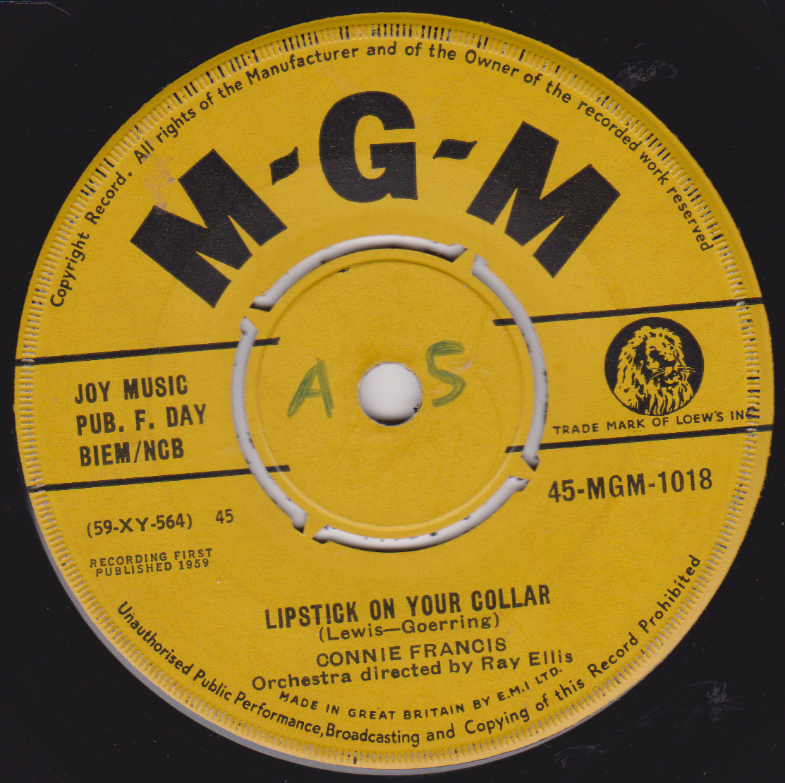 Yellow record label with 'M-G-M' branding and text