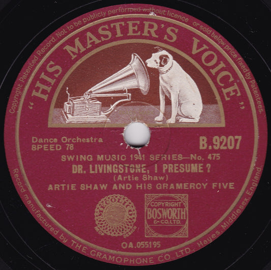 Artie Shaw - Dr. Livingstone, I Presume? (HMV 1943) 10" shellac VG/-