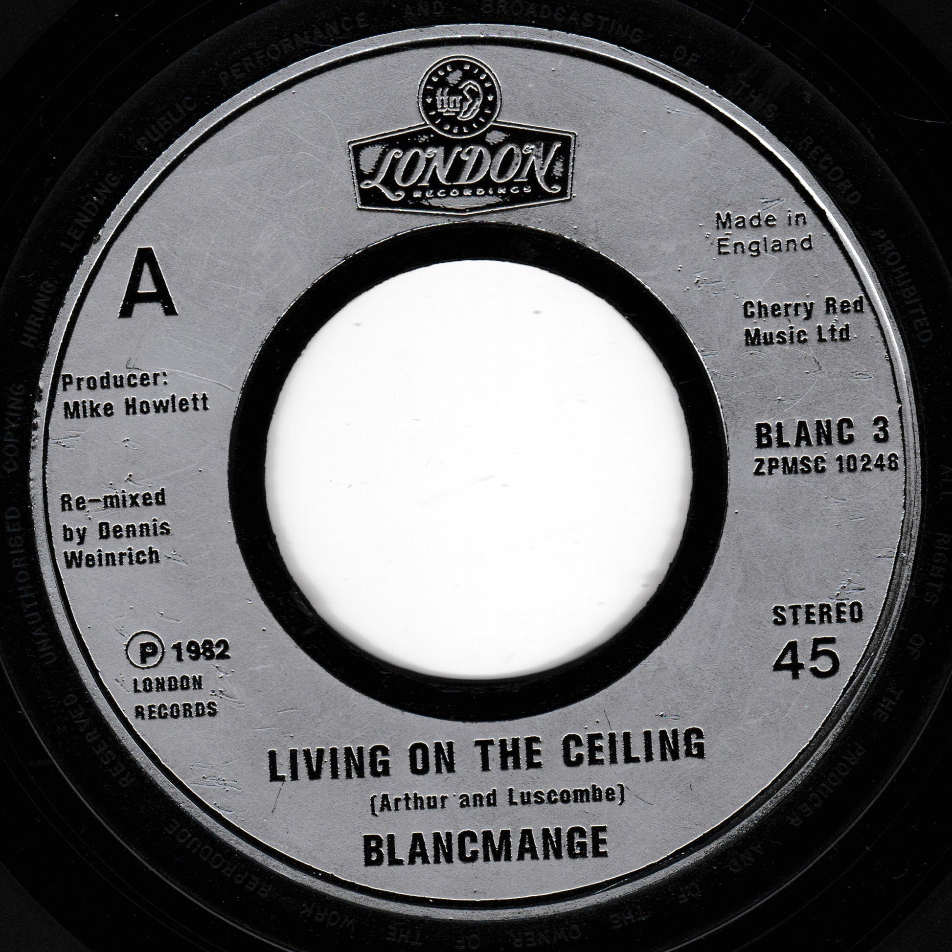 Record label for 'Living on the Ceiling' by Blancmange with London Records branding.