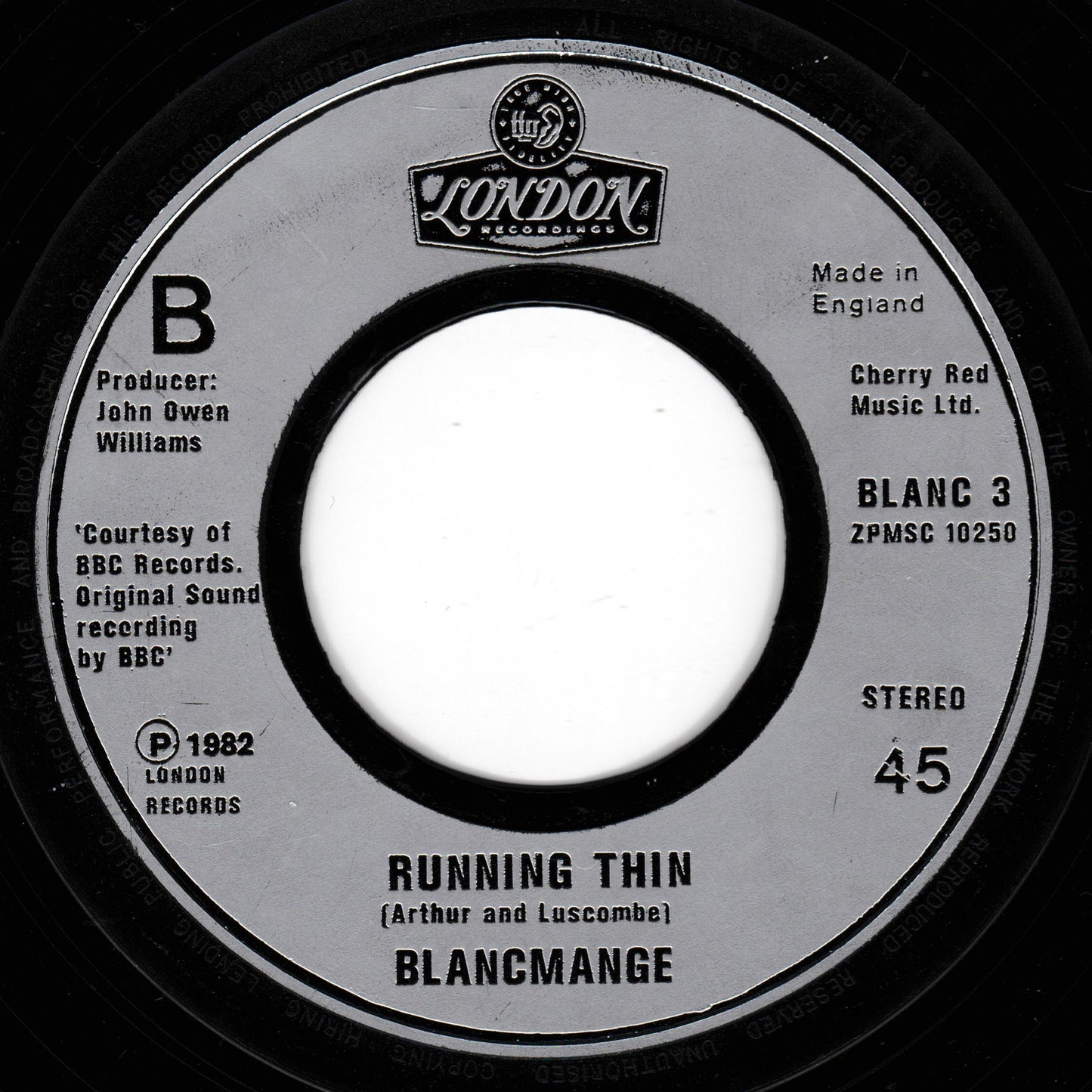 Record label for a song by Blancmange titled 'Running Thin'.