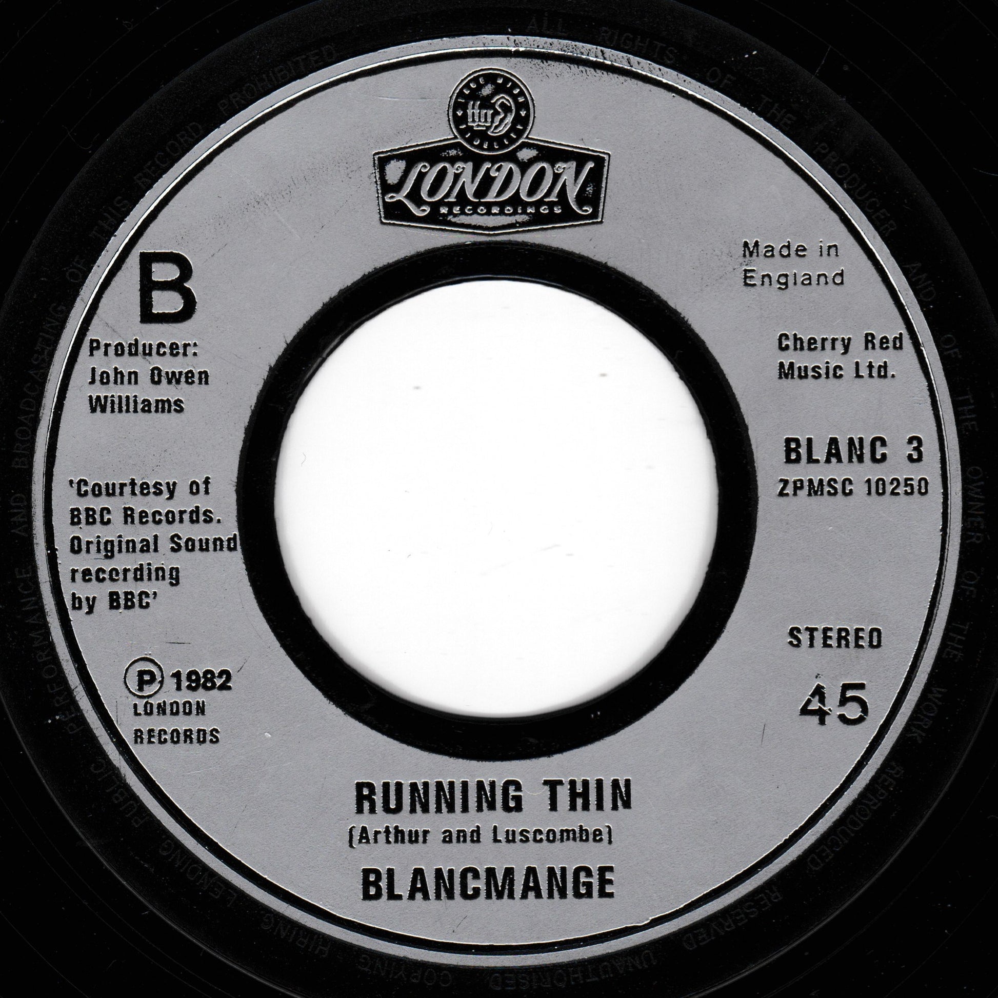 Record label for a song by Blancmange titled 'Running Thin'.