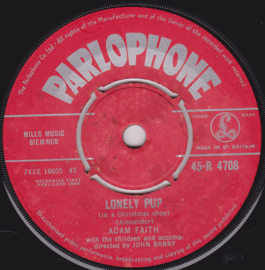Parlophone record label with 'Lonely Pup' by Adam Faith on a black background