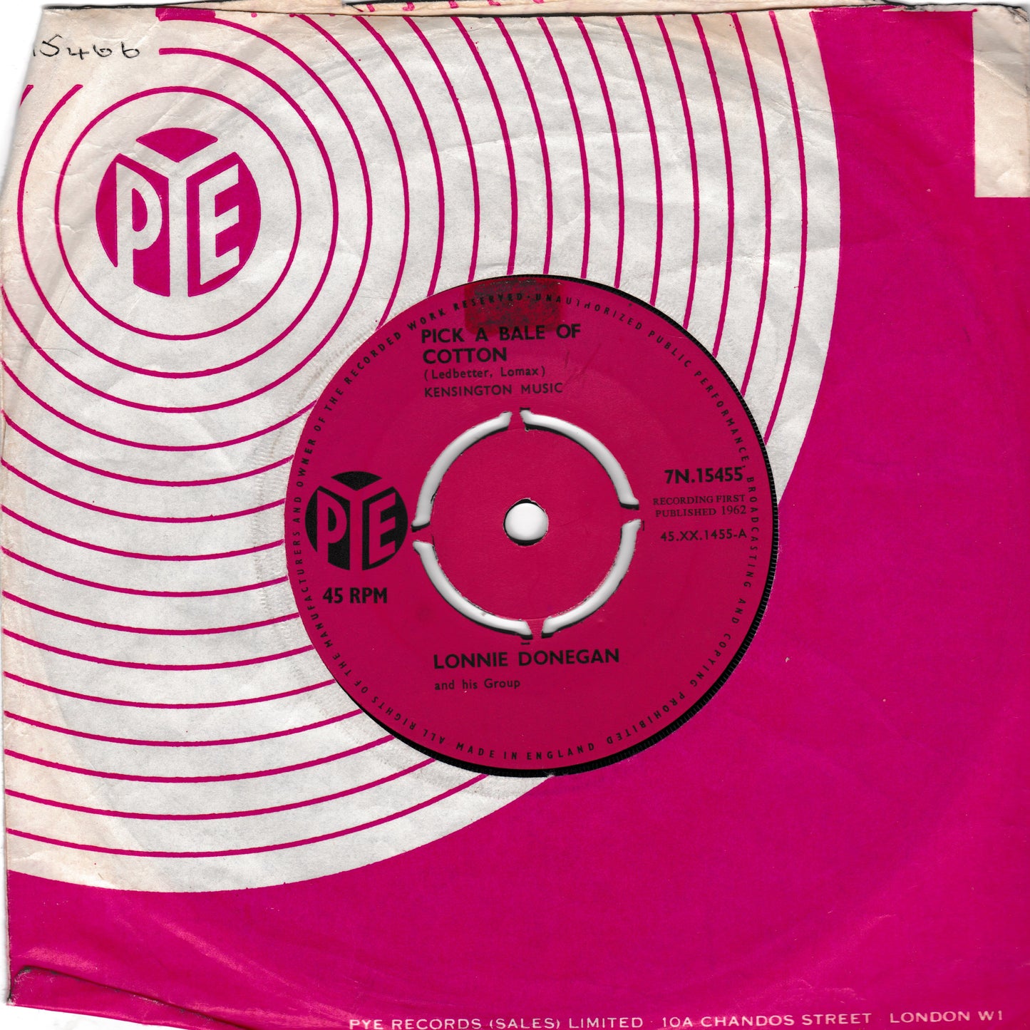 Lonnie Donegan ‎– Pick A Bale Of Cotton (Pye 1962) 7" vinyl single VG/-