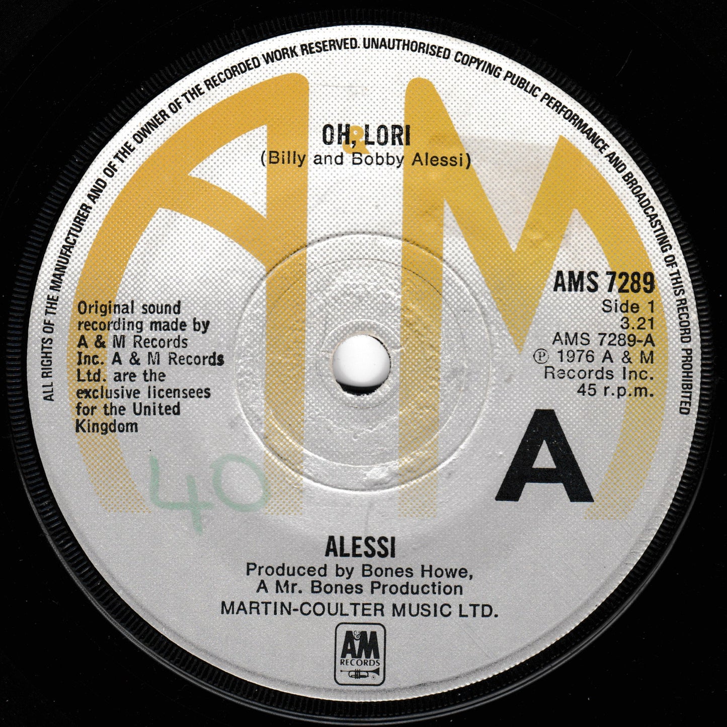 Alessi ‎– Oh, Lori (A&M 1977) 7" vinyl single G+/-