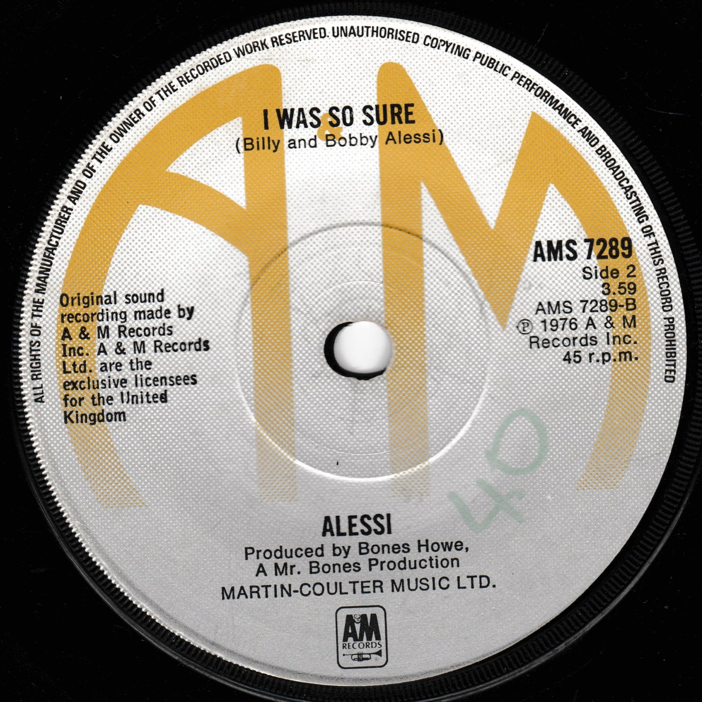 Alessi ‎– Oh, Lori (A&M 1977) 7" vinyl single G+/-