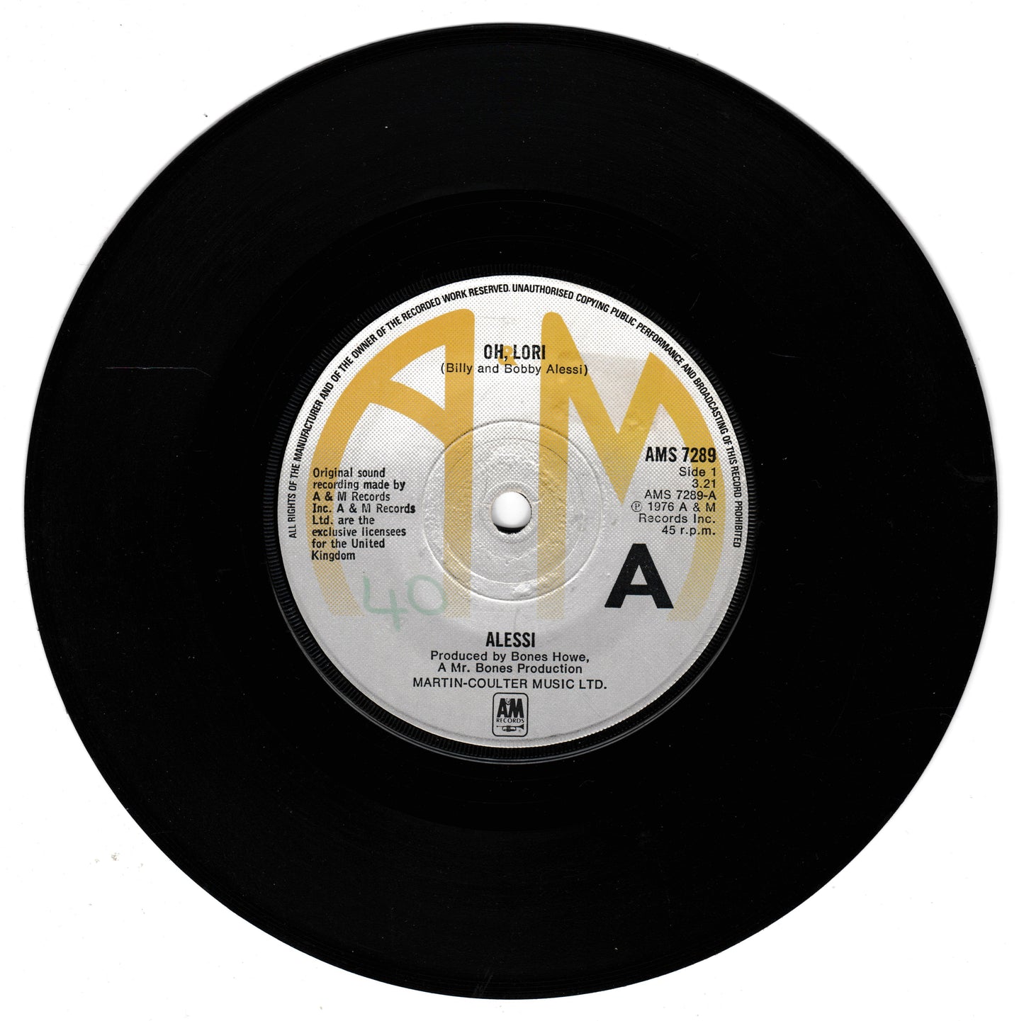 Alessi ‎– Oh, Lori (A&M 1977) 7" vinyl single G+/-