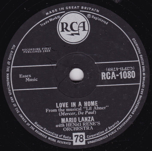 Mario Lanza ‎– Love In A Home / Do You Wonder (RCA 1958) 10" shellac VG/-