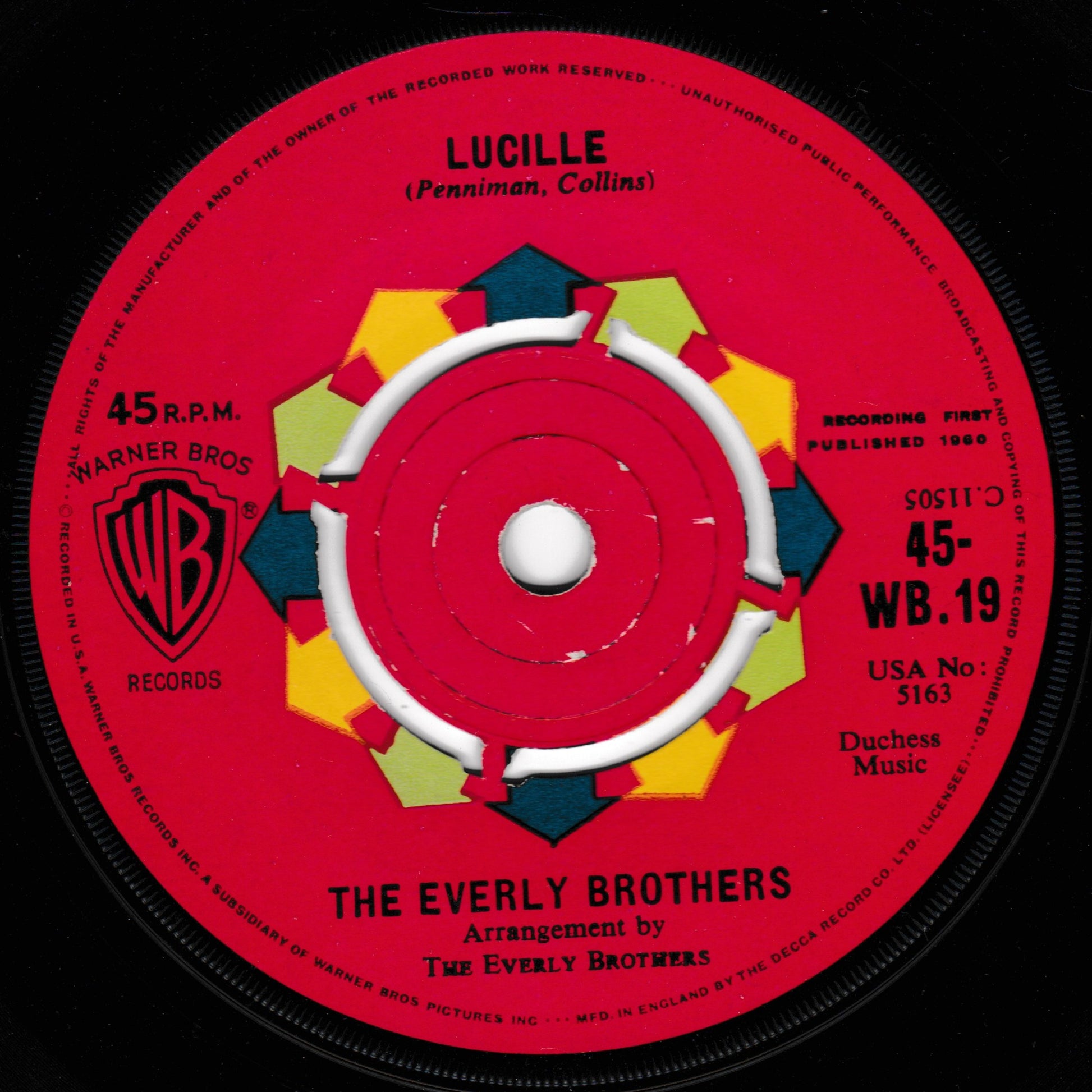 A vintage 45 rpm vinyl record label for 'Lucille' by The Everly Brothers, featuring a bright red centre with black outer ring, geometric yellow and green accents, and Warner Bros. Records branding.
