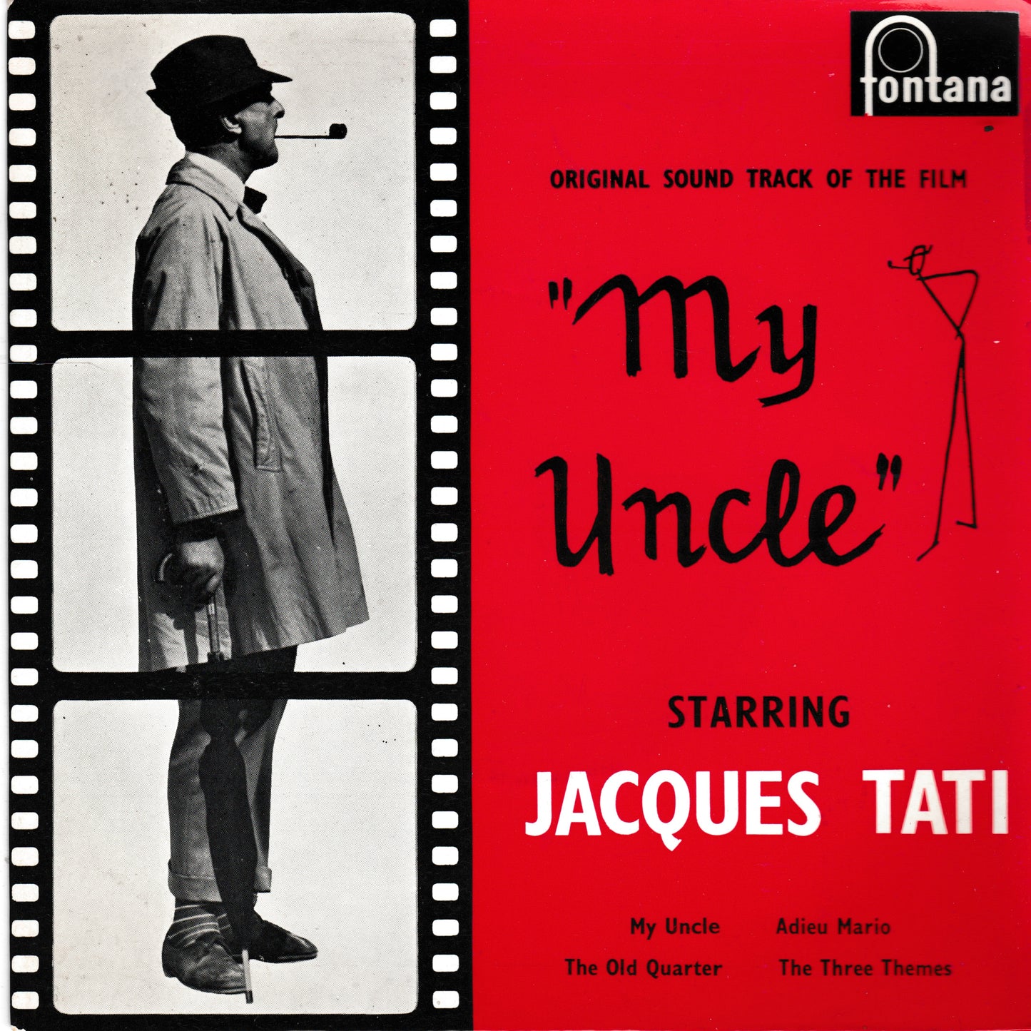 Single cover for 'My Uncle' featuring Jacques Tati with film strip design.