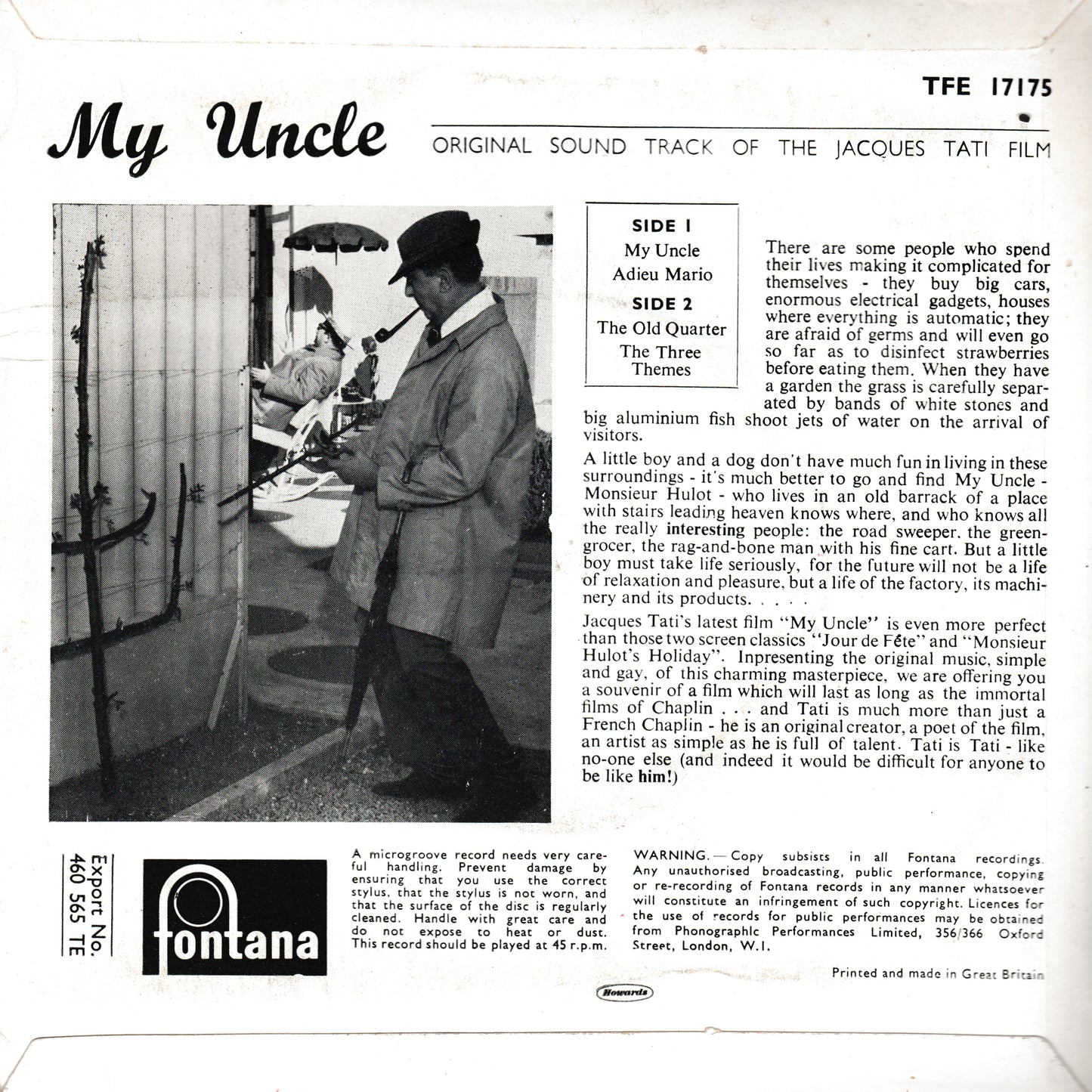 Jaques Tati - My Uncle (Fontana 1958) 7" vinyl EP VG/VG