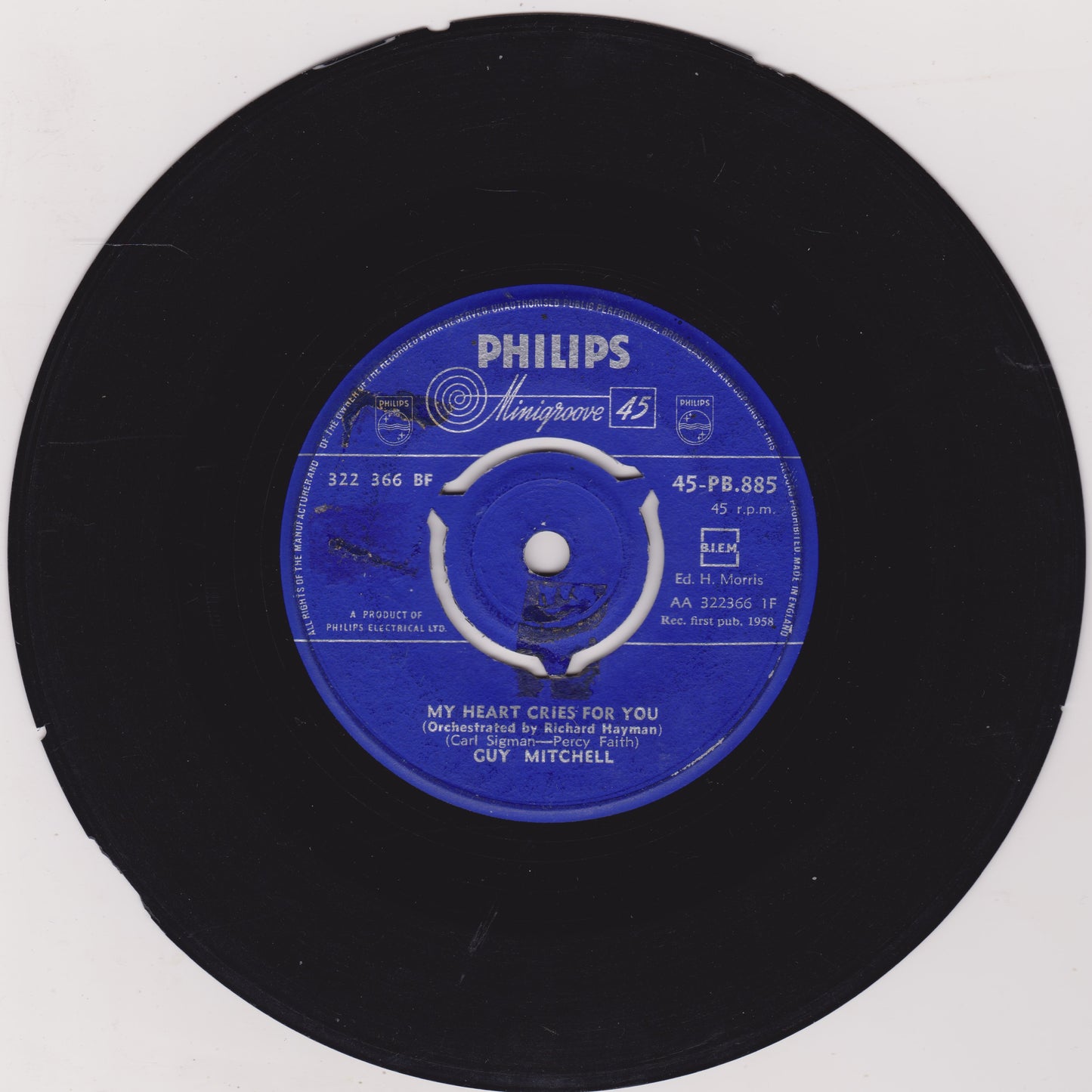 Guy Mitchell – My Heart Cries For You (Philips 1958) 7" vinyl single G+/-
