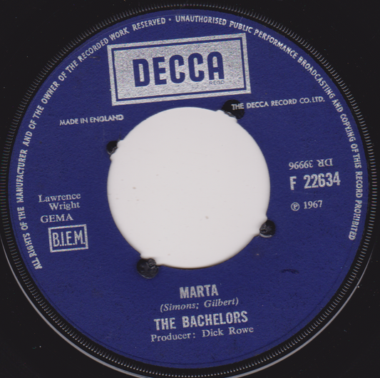 The Bachelors – Marta (Decca, 1967) 7" vinyl single VG/- jukebox centre