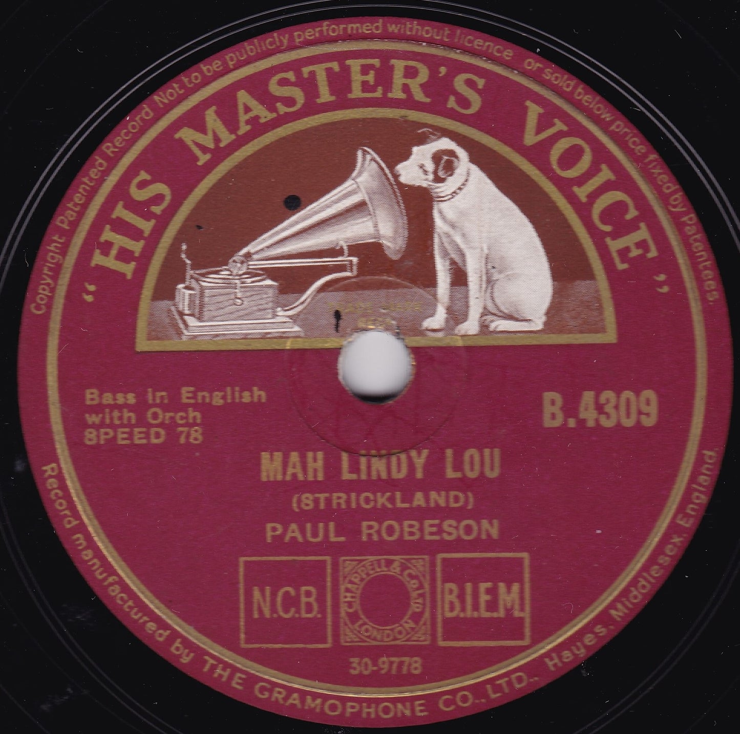 Paul Robeson ‎– Mah Lindy Lou (HMV) 10" shellac single VG/-