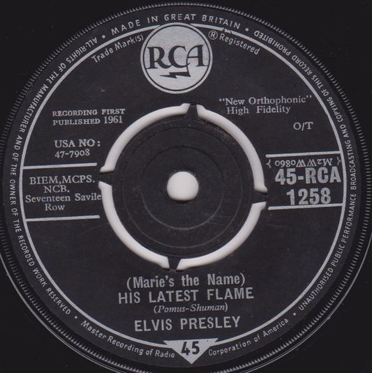 Elvis Presley ‎– (Marie's The Name) His Latest Flame (RCA 1961) 7" vinyl single VG/-