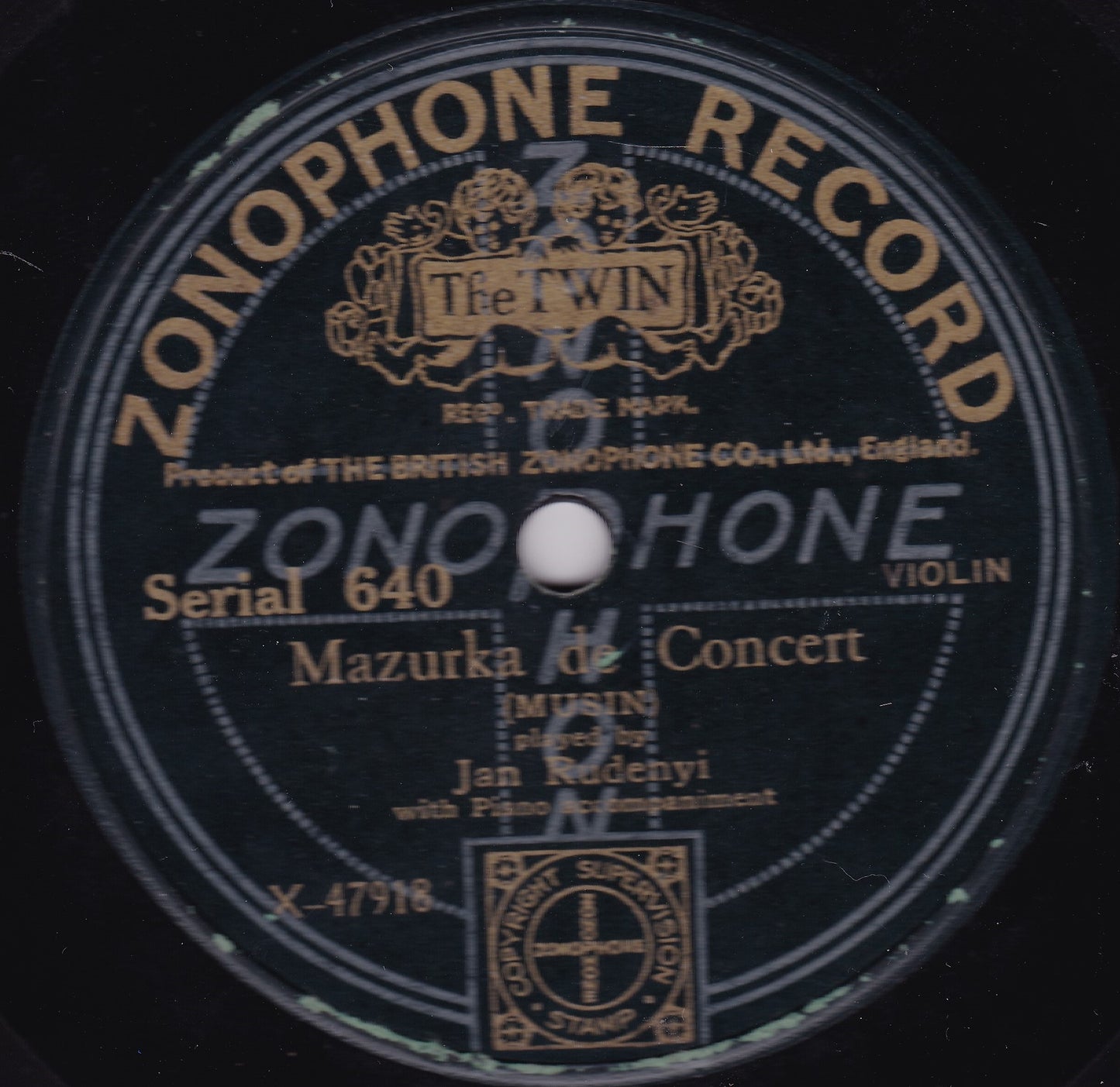 Jan Rudenyi ‎– Mazurka De Concert (Zonophone 1911) 10" shellac G+/-