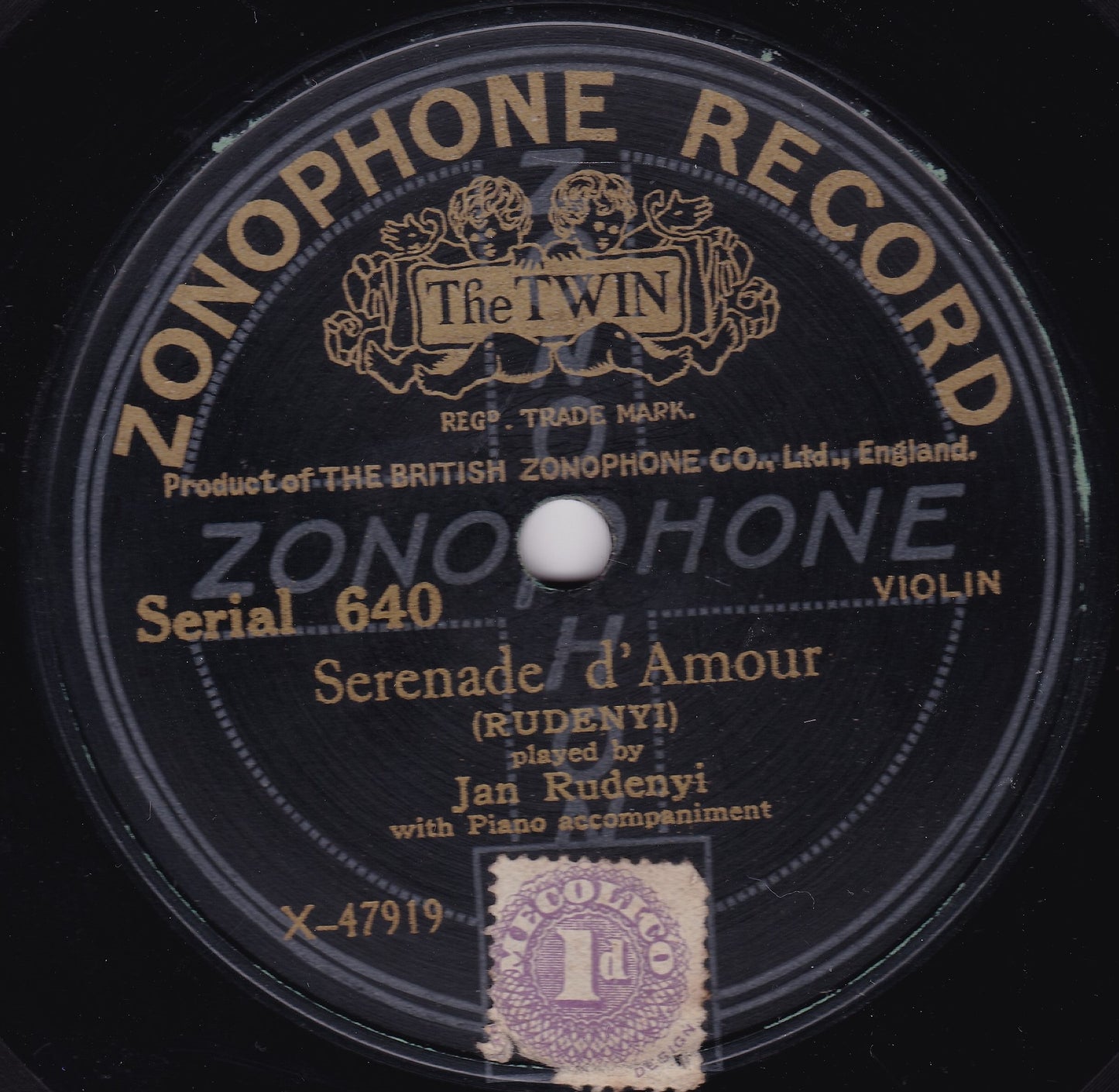 Jan Rudenyi ‎– Mazurka De Concert (Zonophone 1911) 10" shellac G+/-