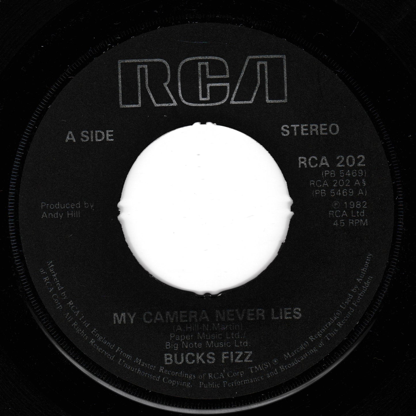 Record label for 'My Camera Never Lies' by Bucks Fizz with RCA branding.