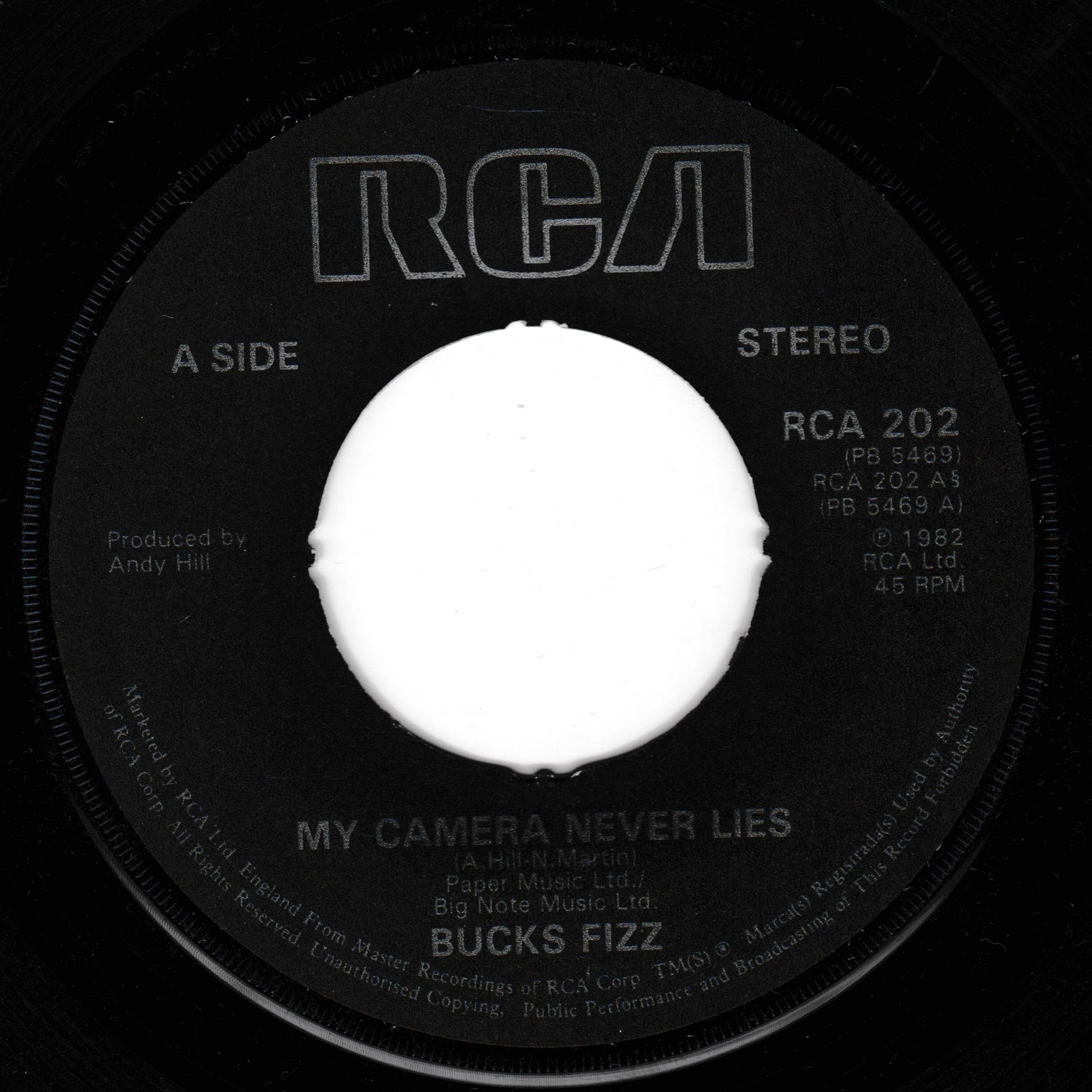 Record label for 'My Camera Never Lies' by Bucks Fizz with RCA branding.