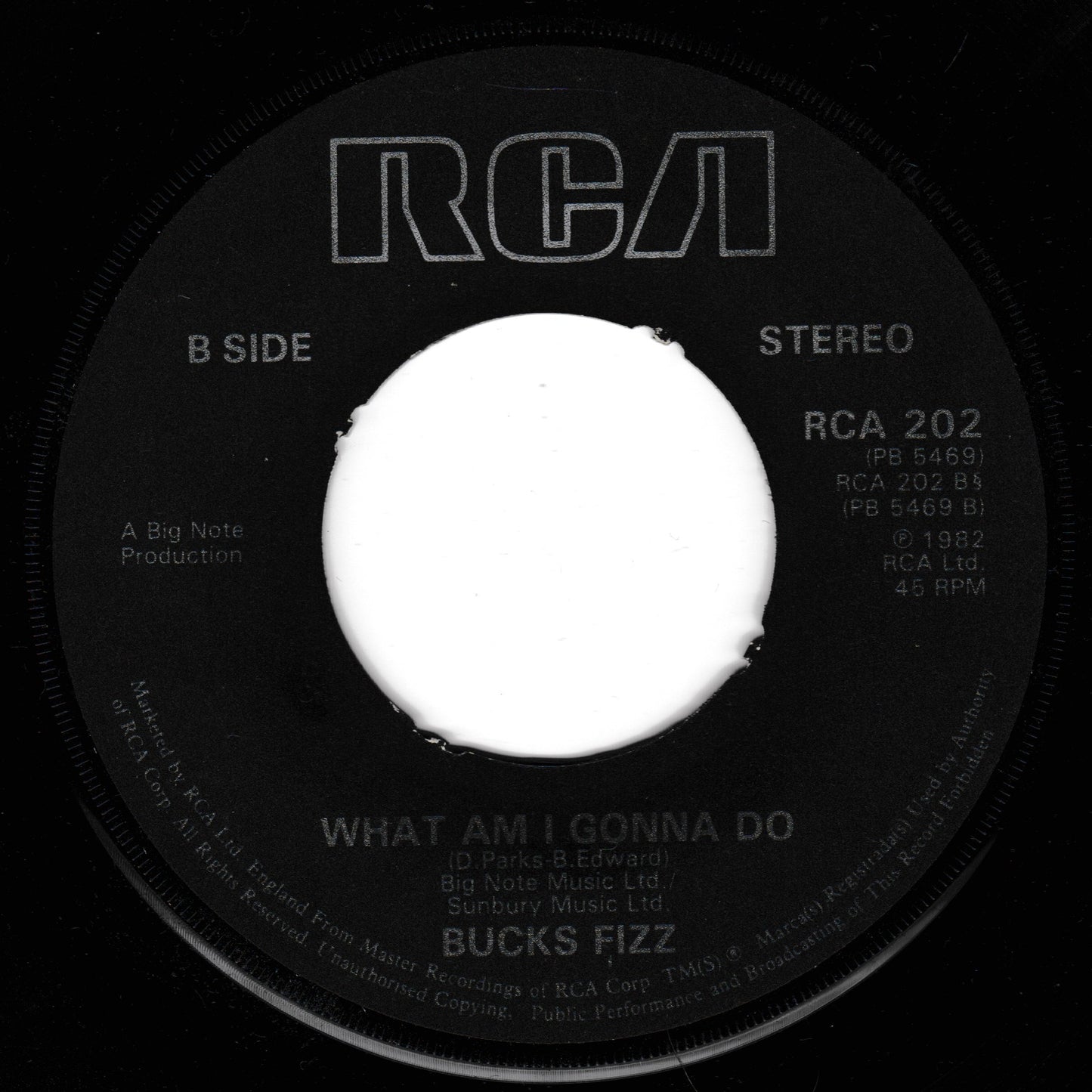 Record label for a Bucks Fizz song on RCA with white center