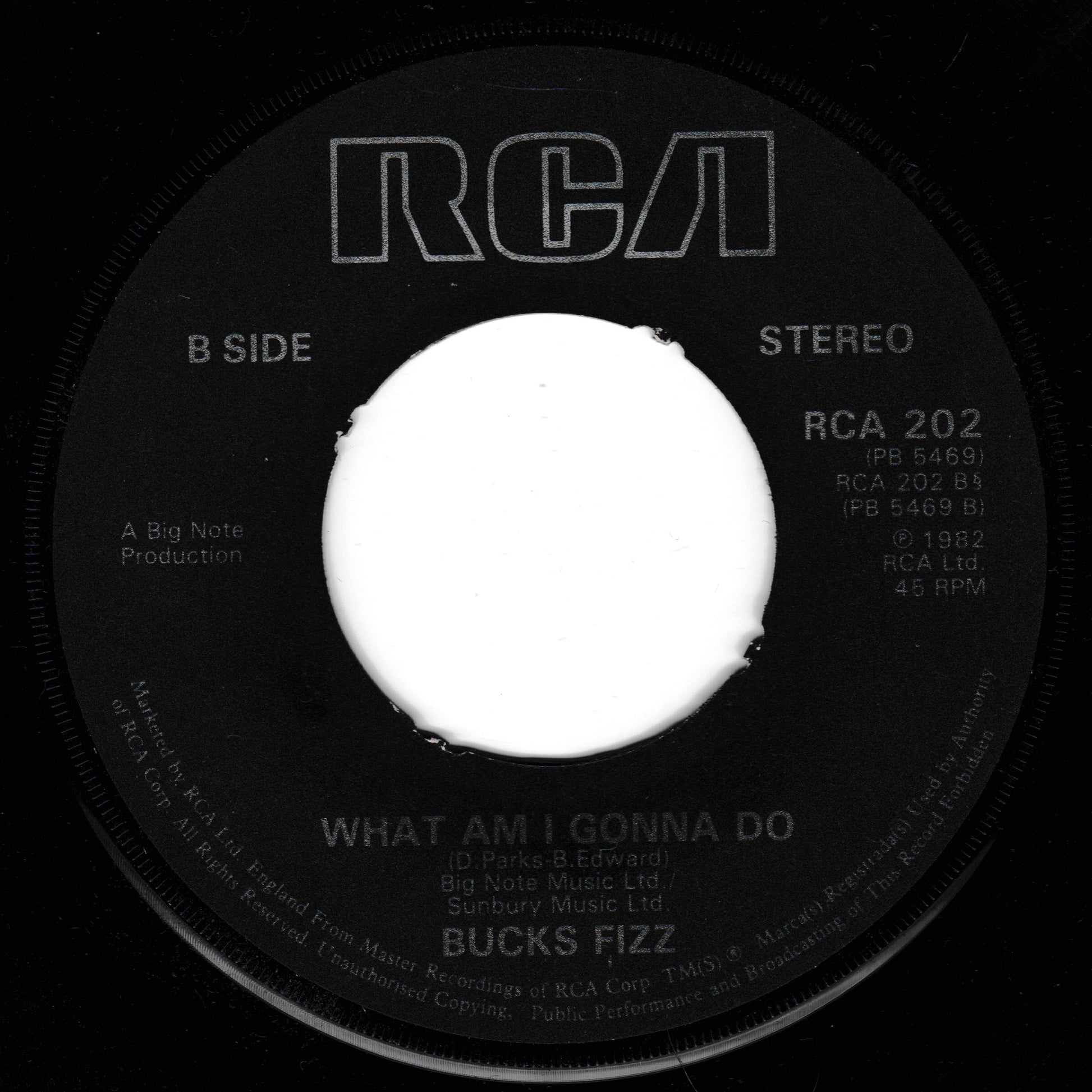 Record label for a Bucks Fizz song on RCA with white center