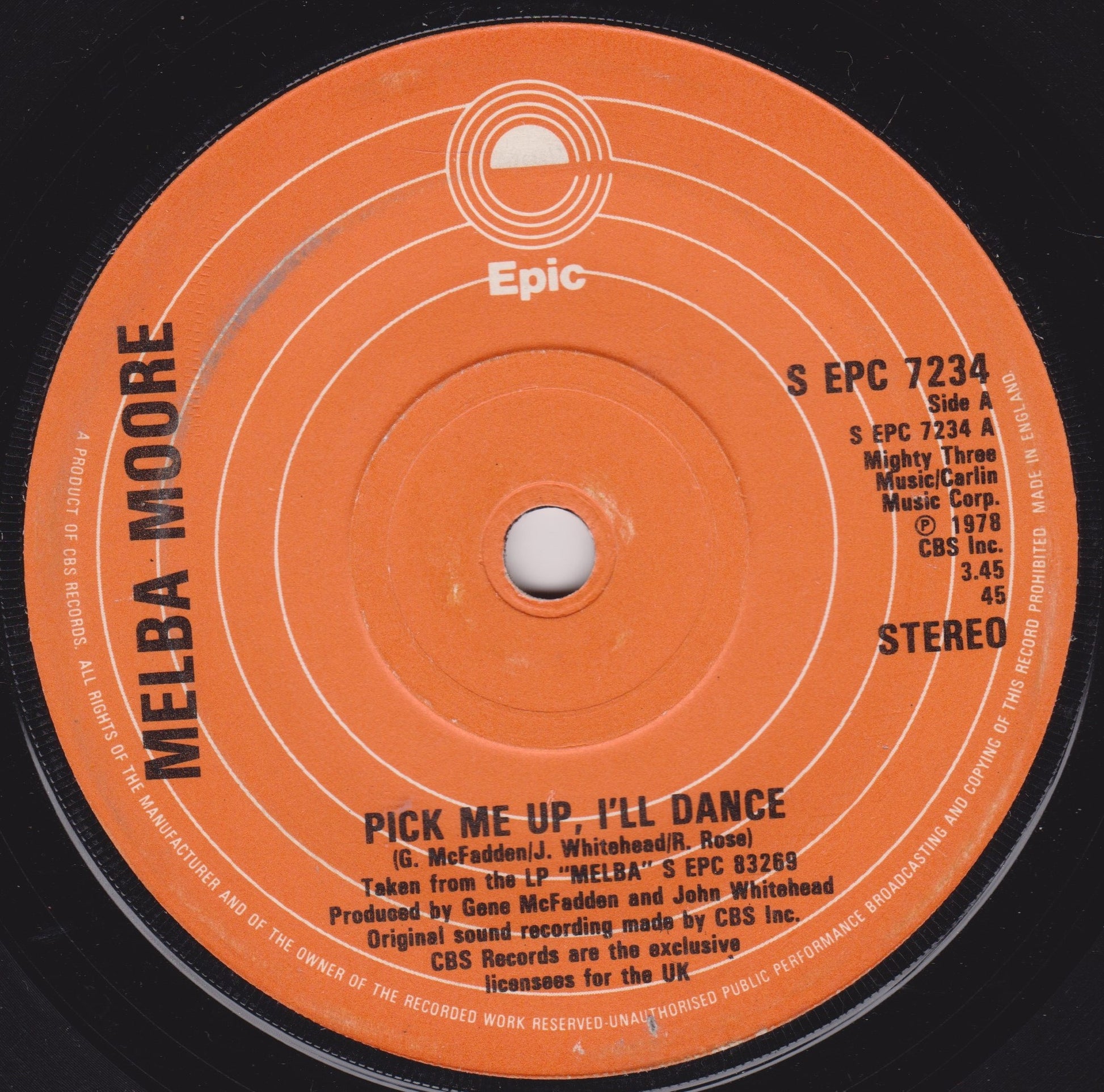 Orange record label with text and 'Epic' branding