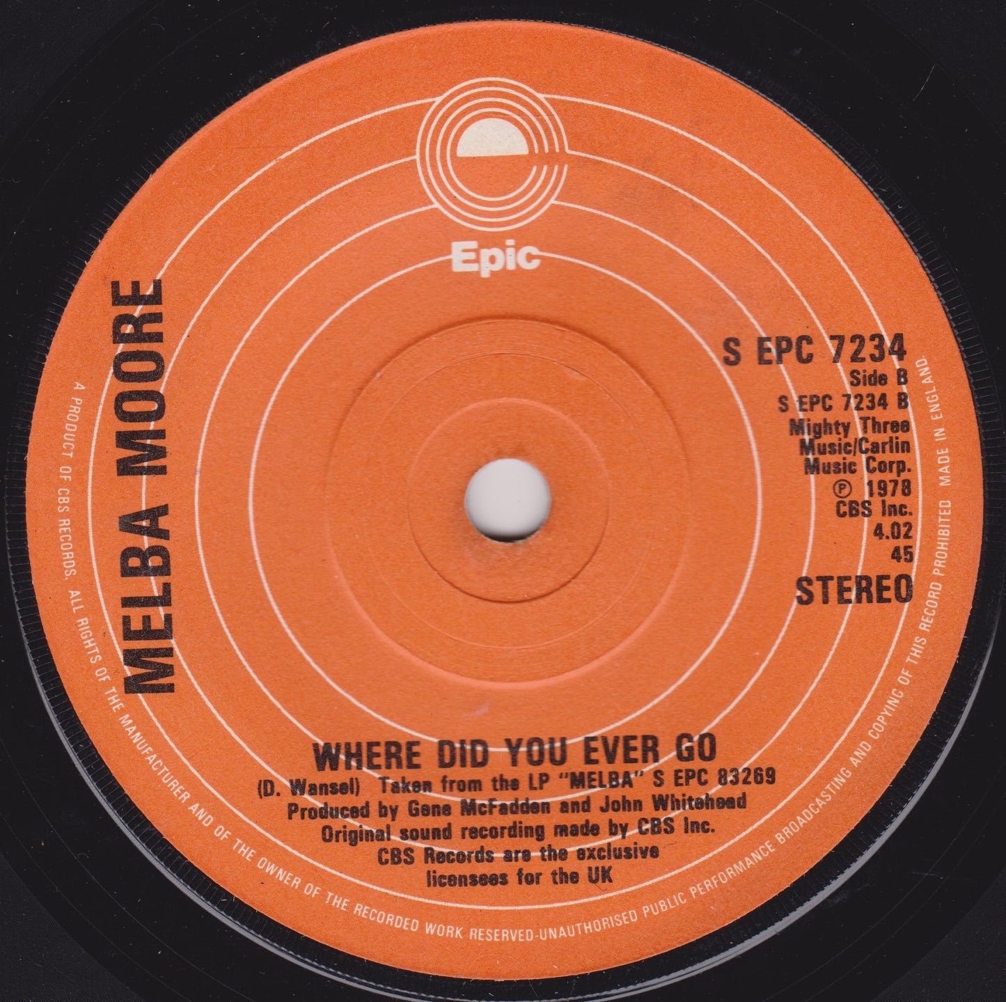 Record label with orange center and black text for Melba Moore's 'Where Did You Ever Go'.