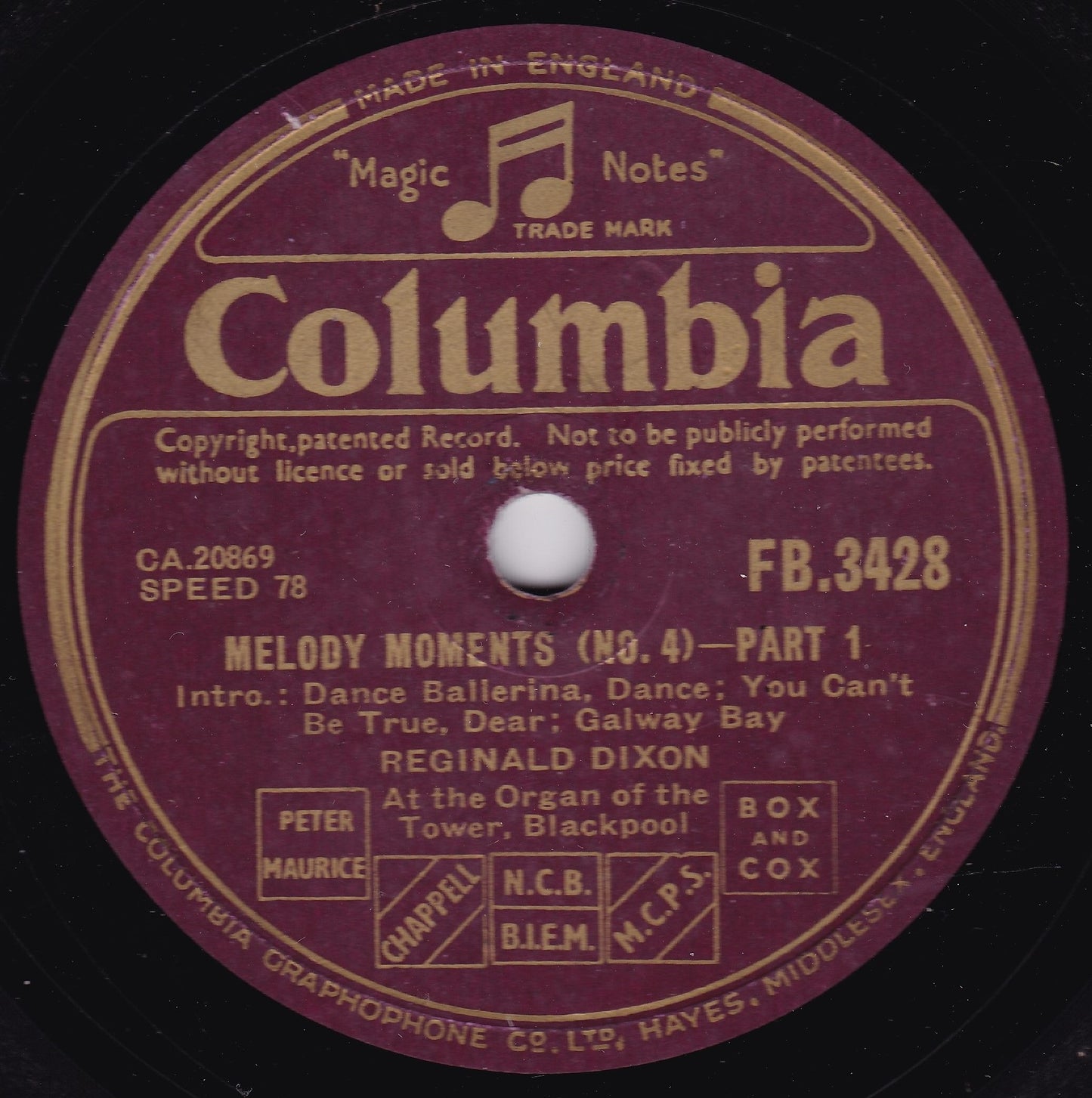 Reginald Dixon ‎– Melody Moments (No. 4) (Columbia 1948) 10" shellac VG/-