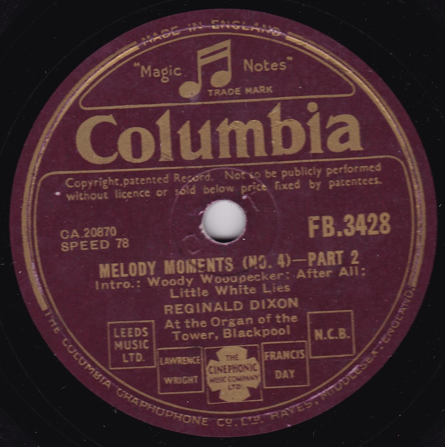 Reginald Dixon ‎– Melody Moments (No. 4) (Columbia 1948) 10" shellac VG/-