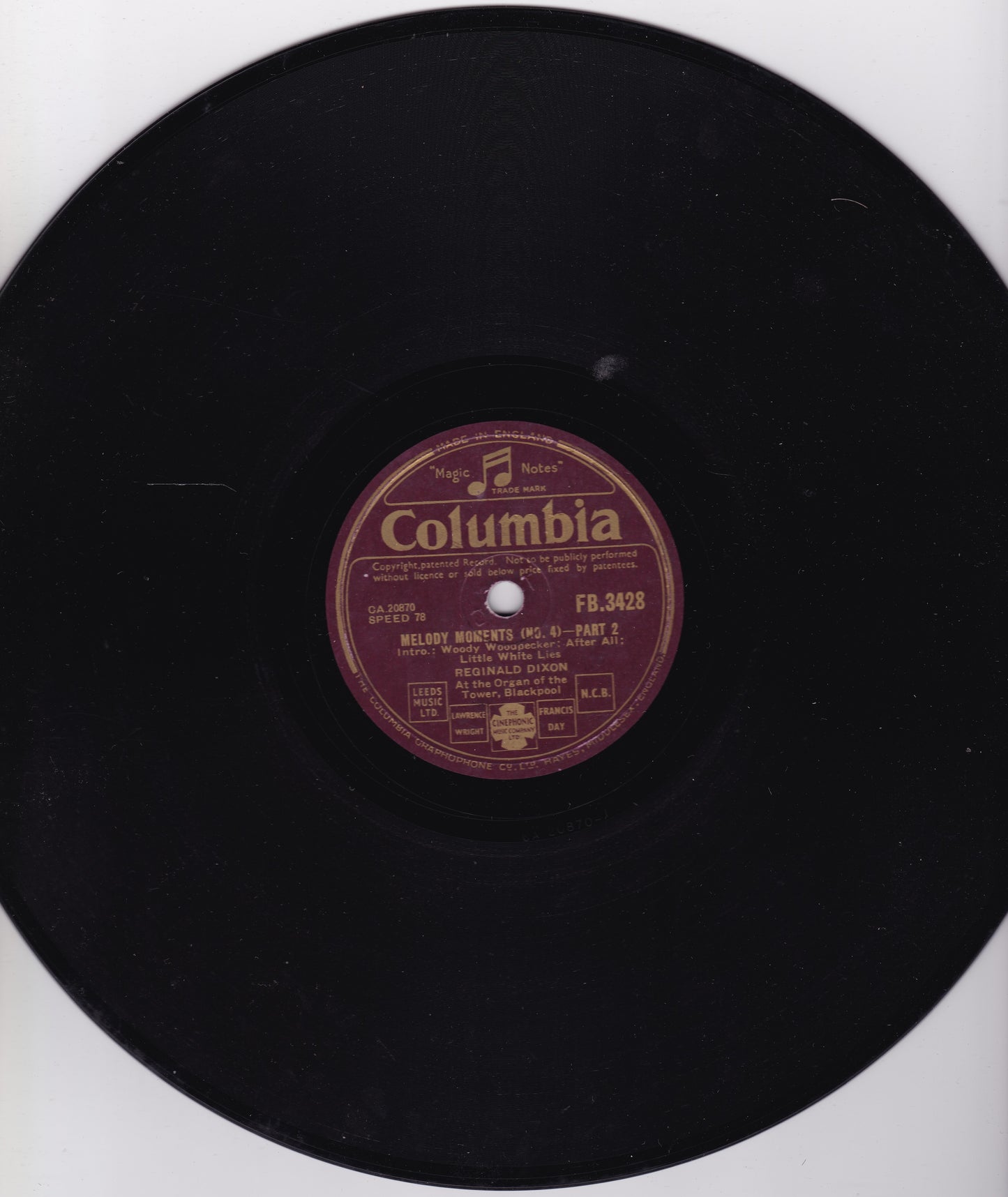 Reginald Dixon ‎– Melody Moments (No. 4) (Columbia 1948) 10" shellac VG/-