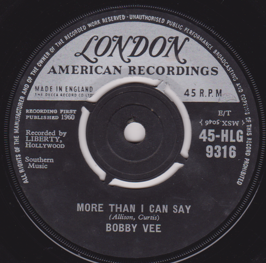 Bobby Vee – More Than I Can Say (London 1960) 7" vinyl single VG/-