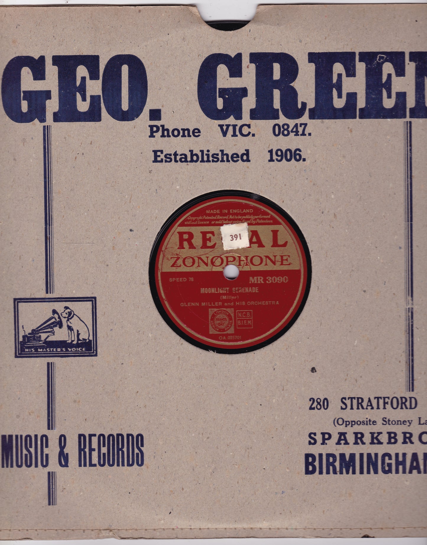 Glenn Miller And His Orchestra ‎– Moonlight Serenade (1939) 10" shellac VG/VG