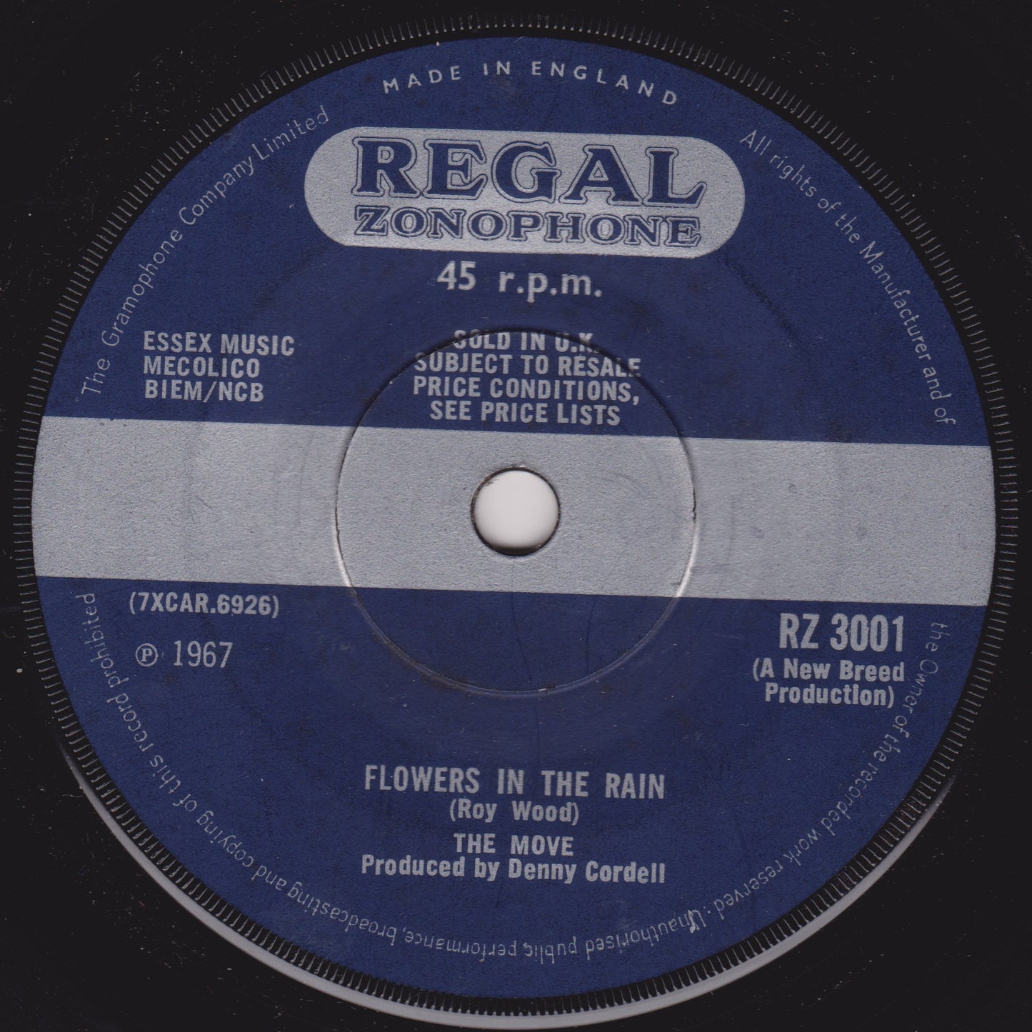 The Move ‎– Flowers In The Rain (Regal Zonophone 1967) 7" vinyl single VG/-