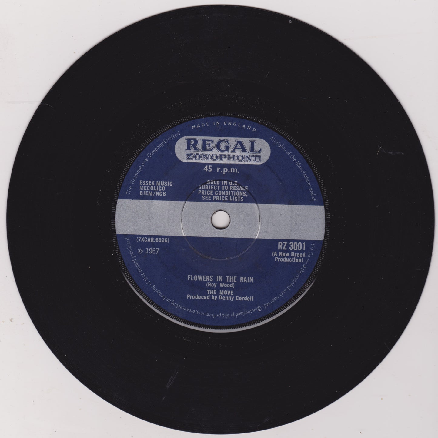 The Move ‎– Flowers In The Rain (Regal Zonophone 1967) 7" vinyl single VG/-
