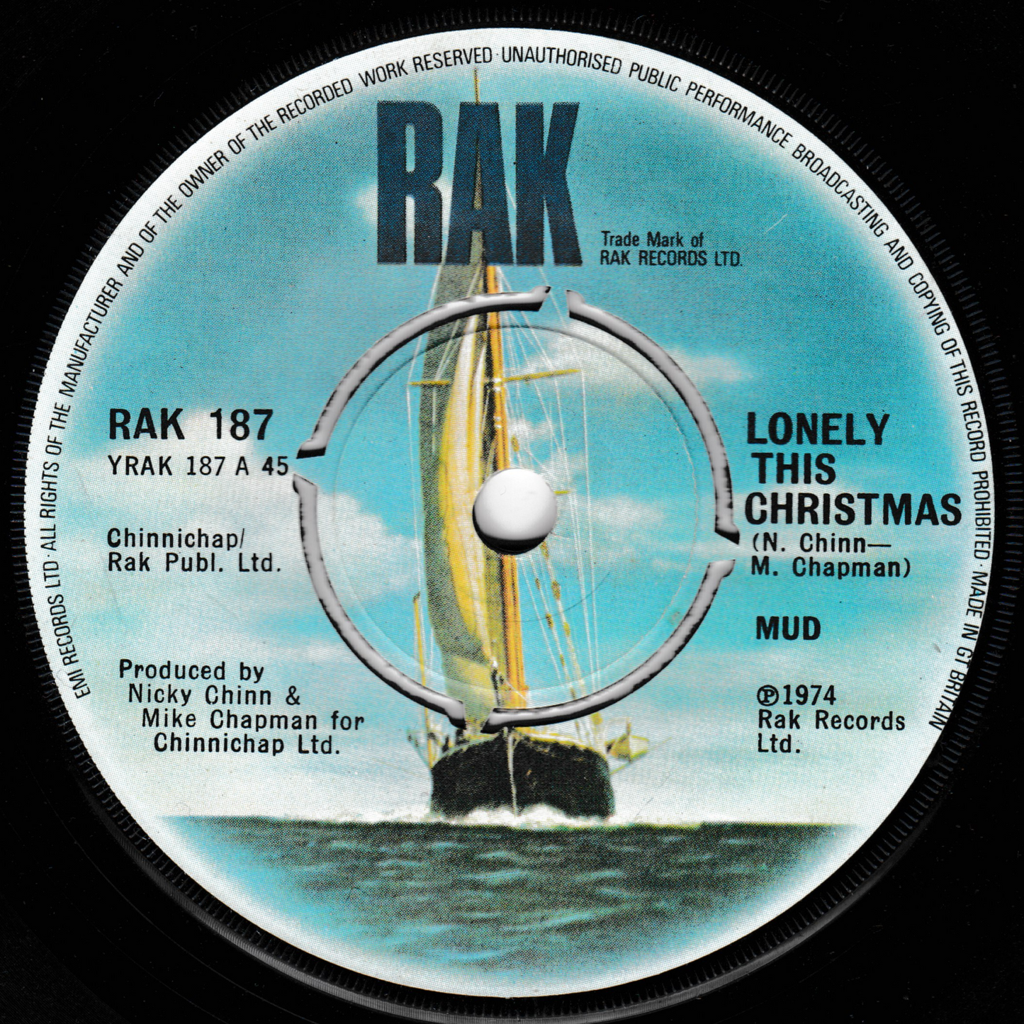 Record label with a ship illustration and text