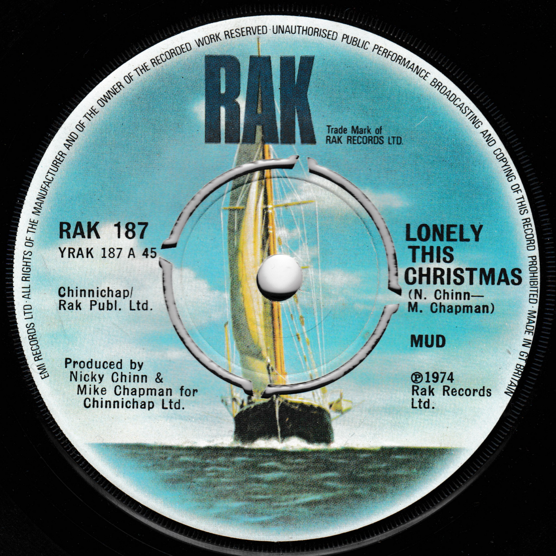 Record label with a ship illustration and text