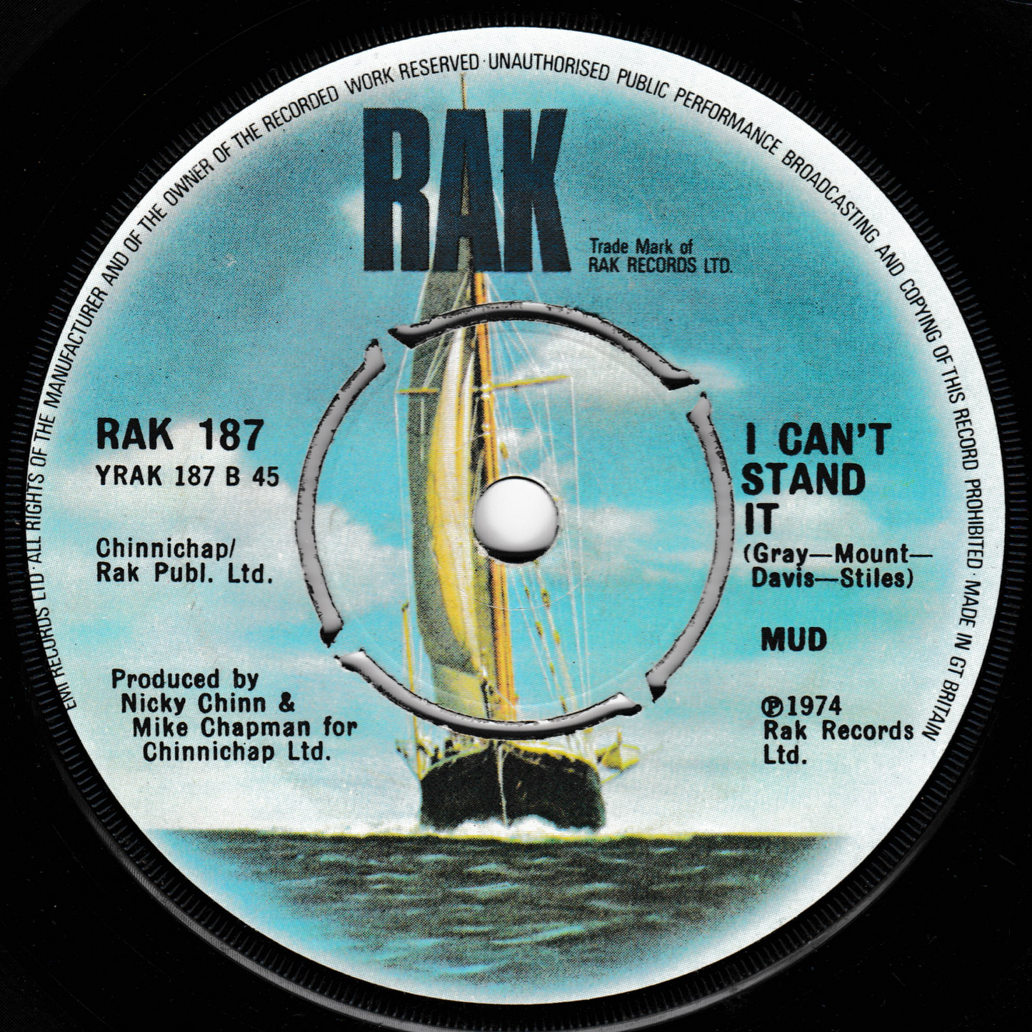 Record label with sailboat illustration and text on a blue background