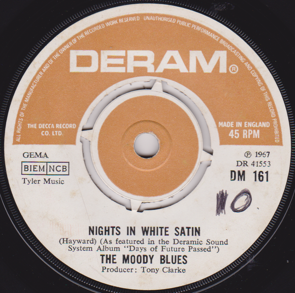 Record label for a Deram record featuring The Moody Blues' 'Nights in White Satin'.