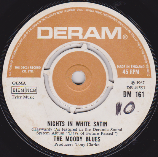Record label for a Deram record featuring The Moody Blues' 'Nights in White Satin'.