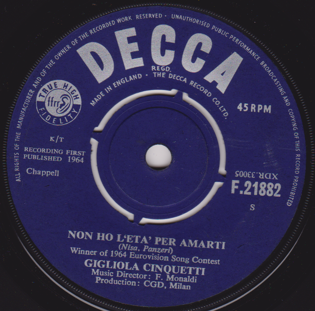 Gigliola Cinquetti ‎– Non Ho L'Eta' Per Amarti (Decca 1964) 7" vinyl single VG/-