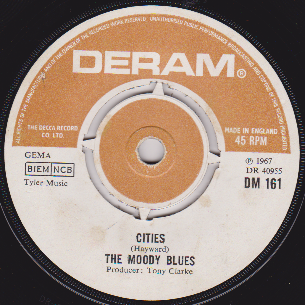 Record label for 'Cities' by The Moody Blues with DERAM branding