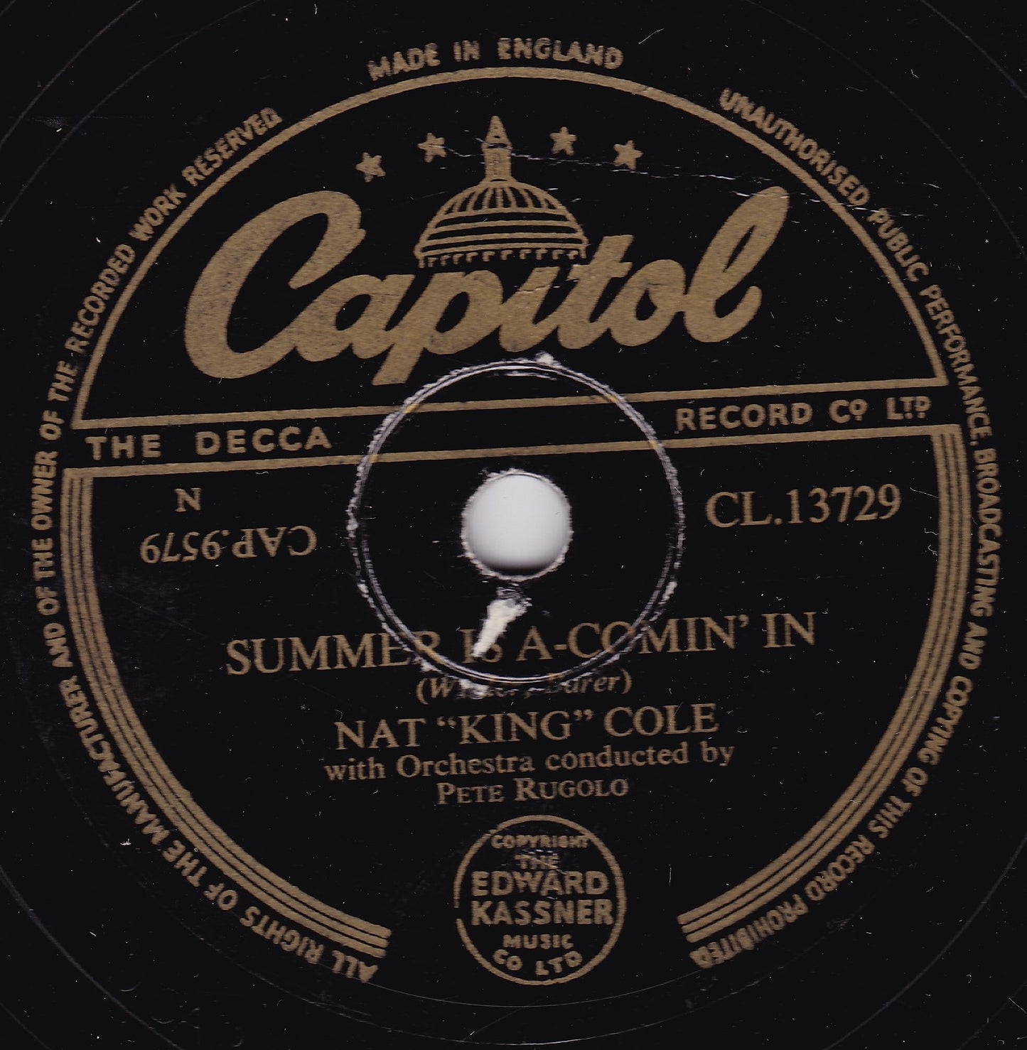 Nat "King" Cole – Summer Is A-Comin' In / You Weren't There 10" shellac VG/-