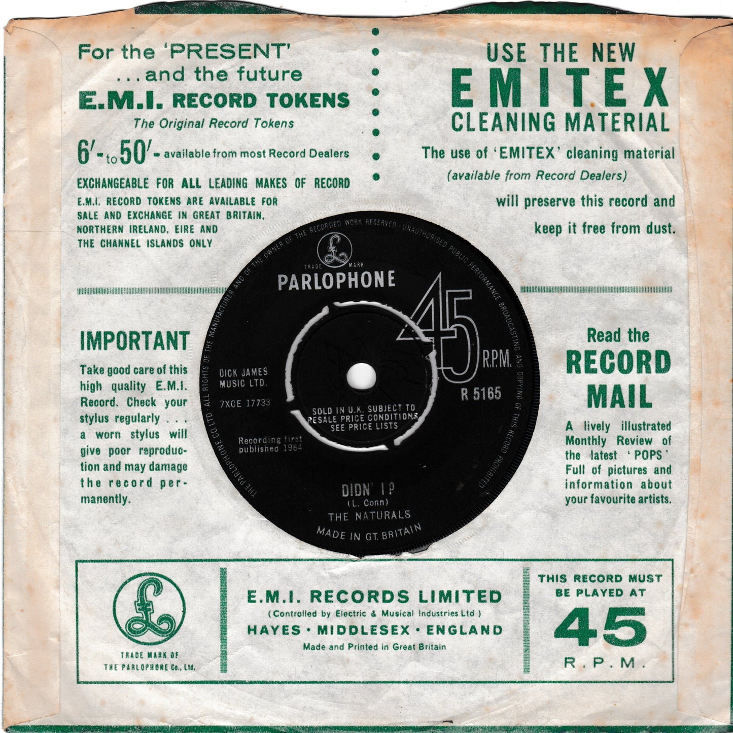 Vintage Parlophone record token card for 'The Naturals' 45 RPM vinyl record, showing a black record label in the center with green text instructions and E.M.