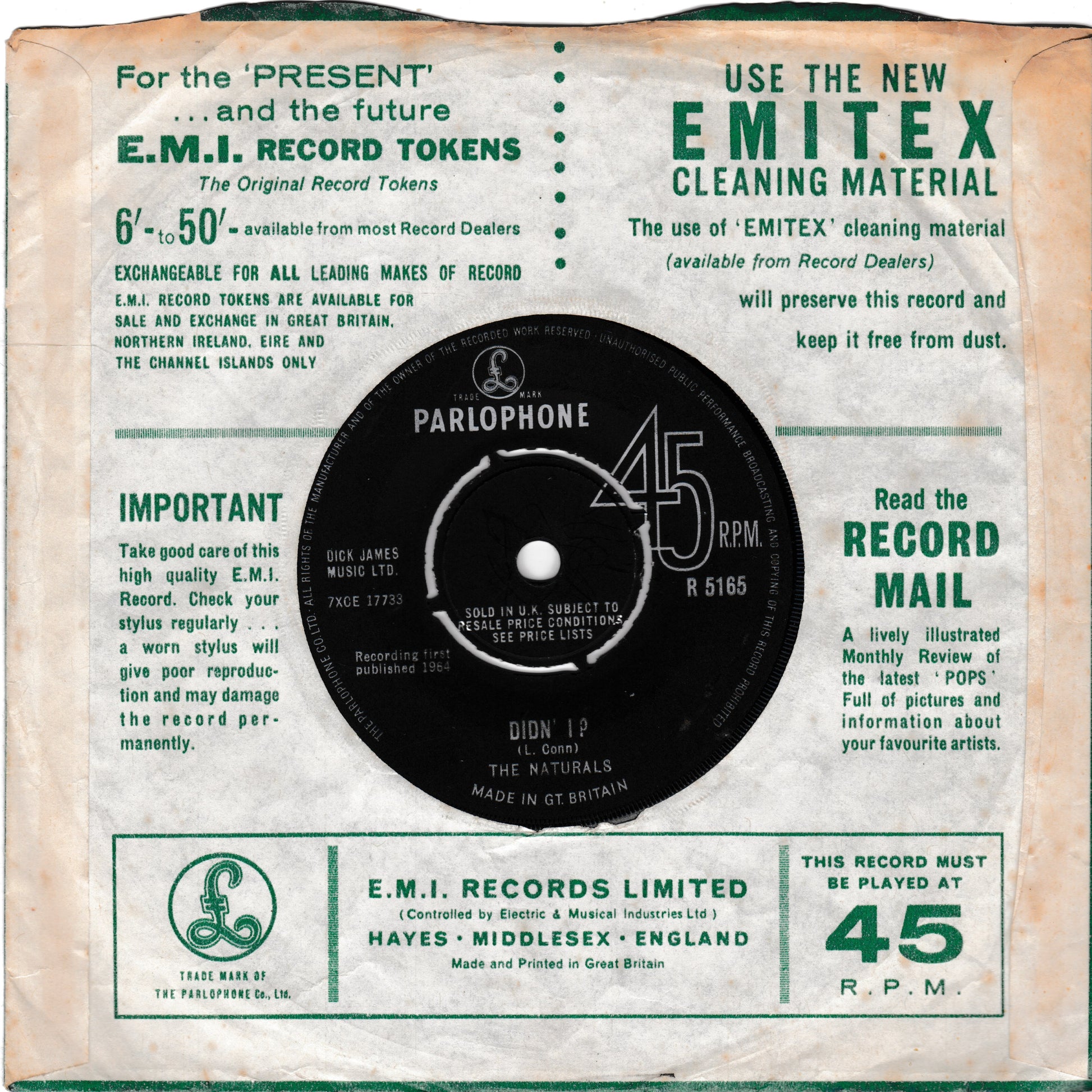 Vintage Parlophone record token card for 'The Naturals' 45 RPM vinyl record, showing a black record label in the center with green text instructions and E.M.