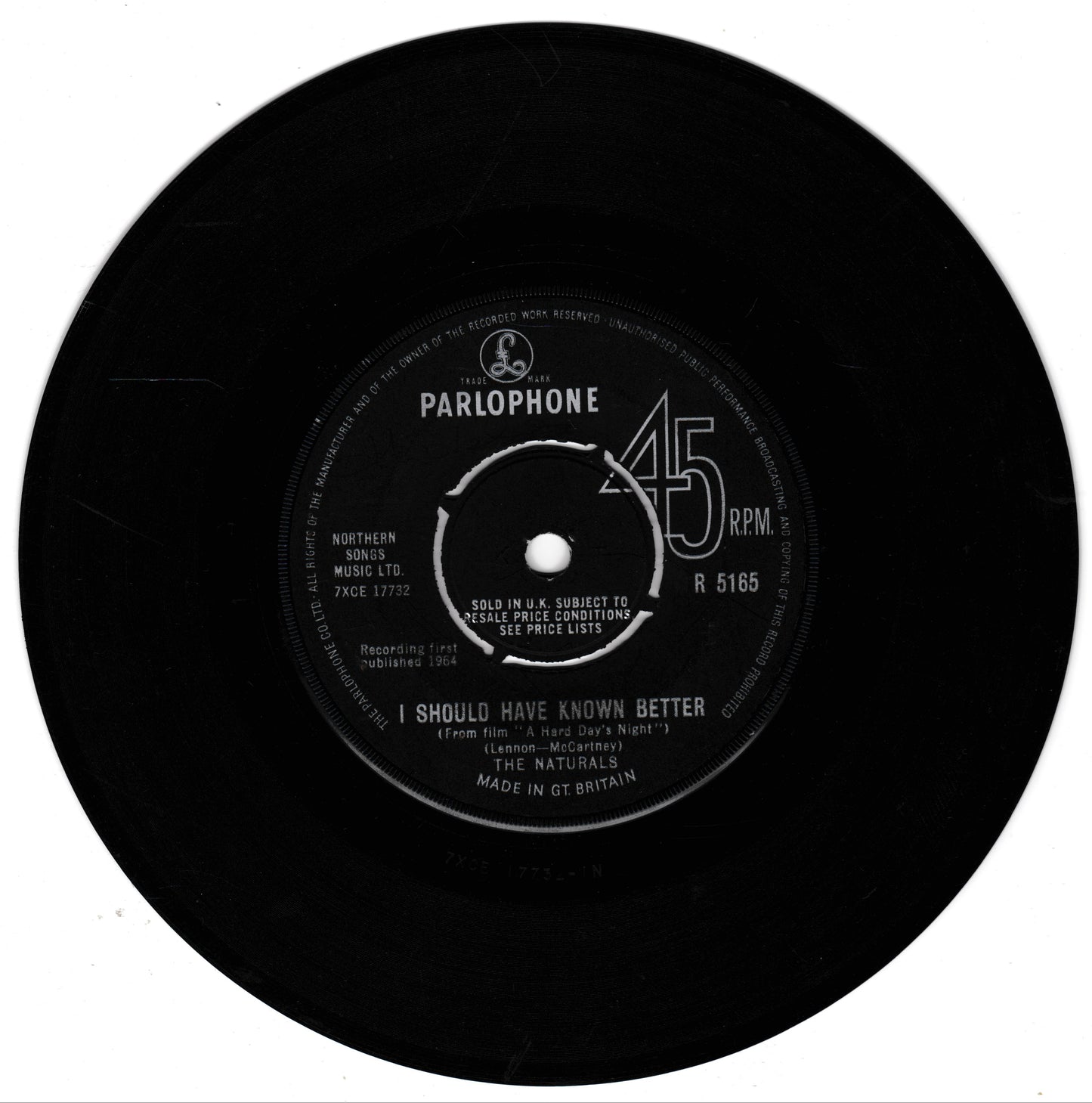 A vintage black 45 RPM Parlophone vinyl record with a white centre label, featuring the song 'I Should Have Known Better' by The Naturals
