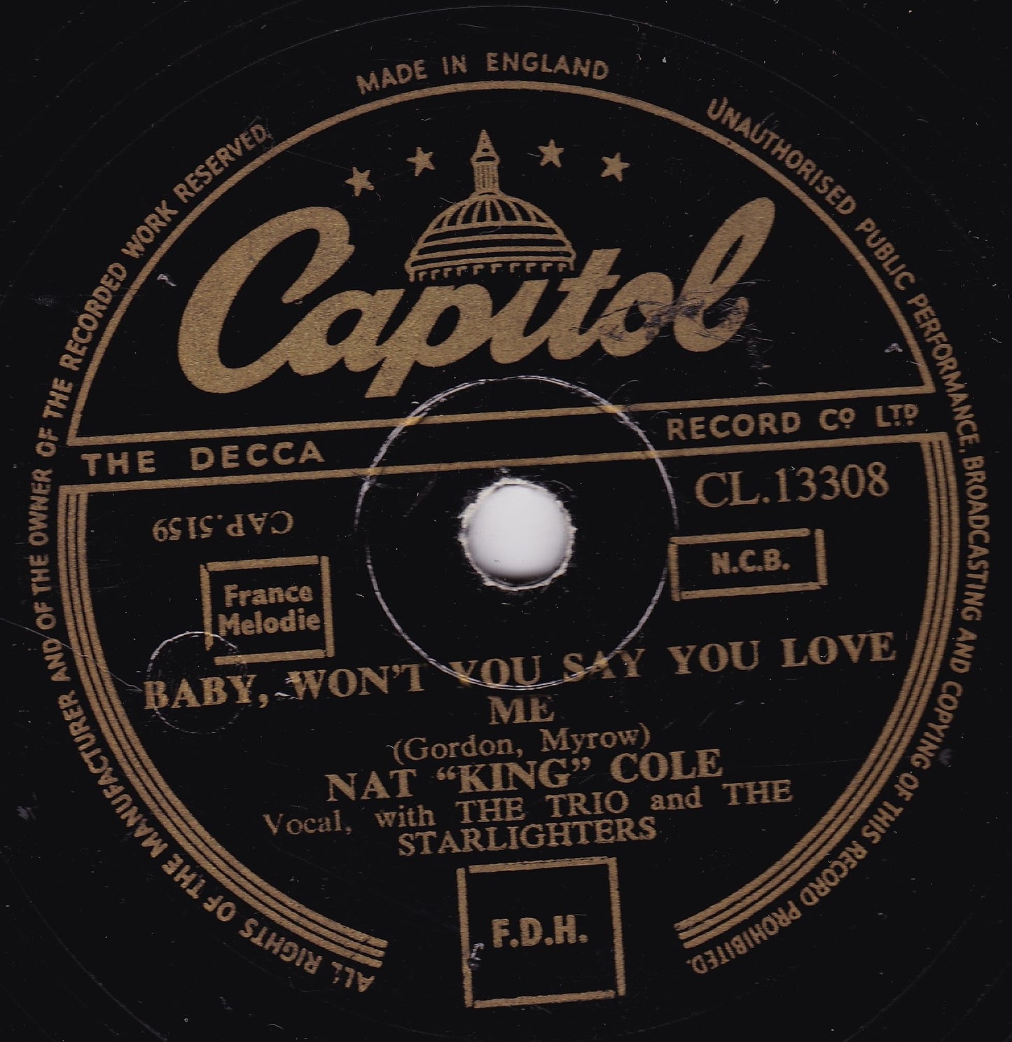 Nat "King" Cole – Mona Lisa / Baby, Wont You Say You Love Me 10" shellac VG/-