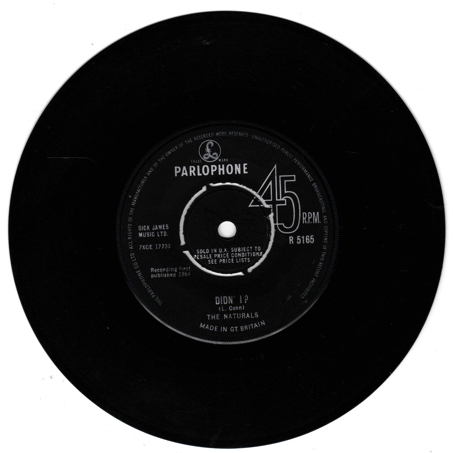 A black 45 RPM vinyl record with a white Parlophone label, featuring the song 'Didn' I' by The Naturals.