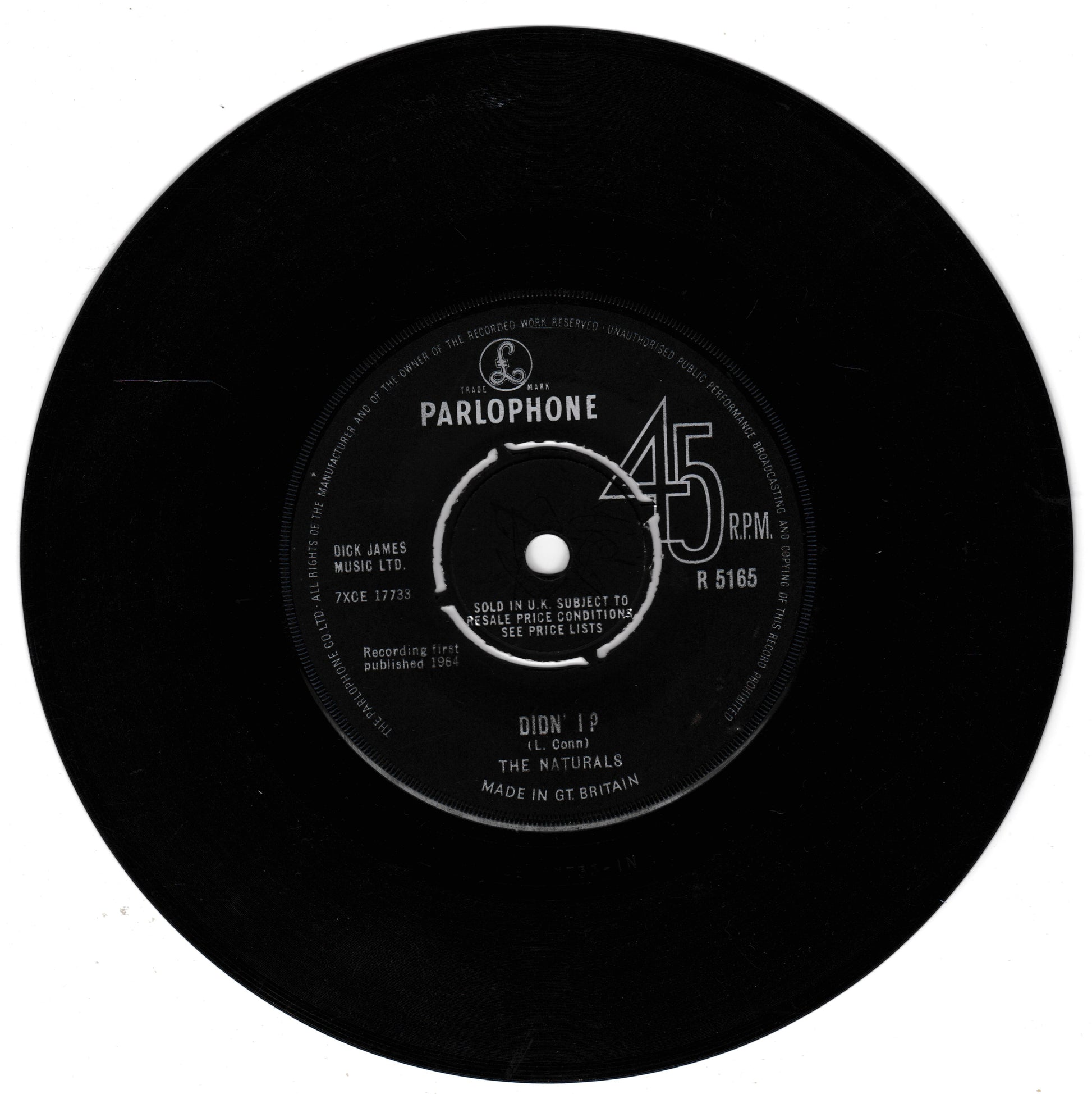 A black 45 RPM vinyl record with a white Parlophone label, featuring the song 'Didn' I' by The Naturals.
