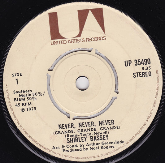 Shirley Bassey - Never, Never, Never (UA 1973) 7" vinyl single VG/-