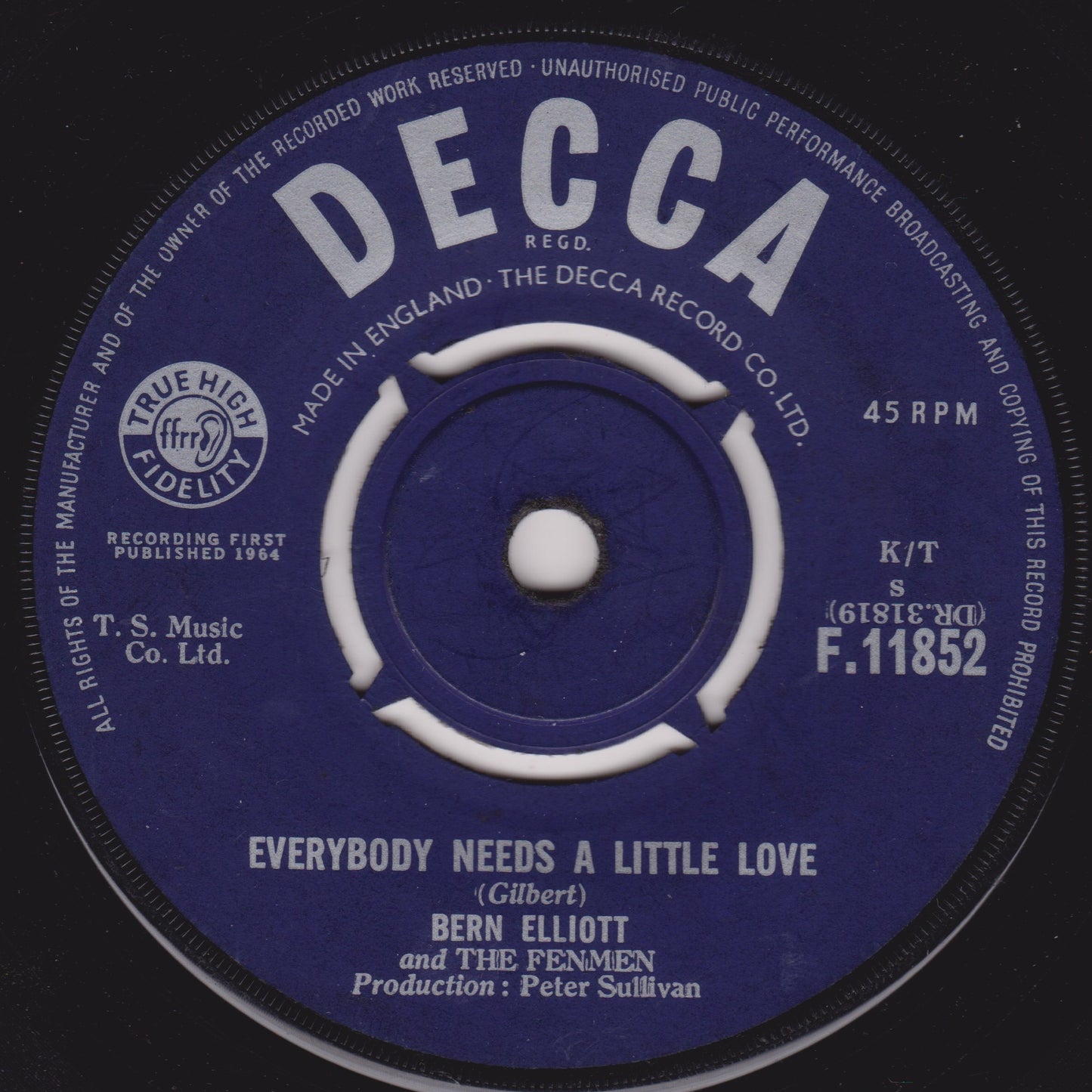 Decca record label with text and branding on a black background