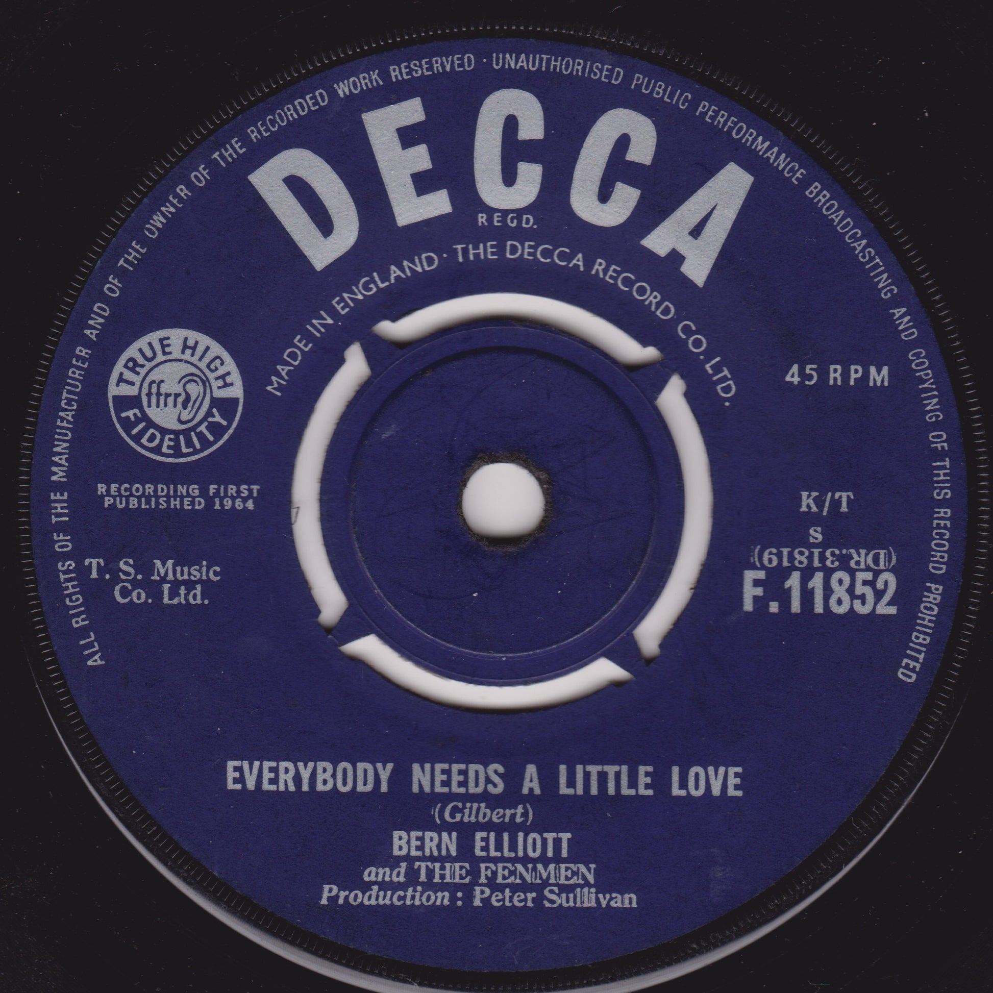 Decca record label with text and branding on a black background